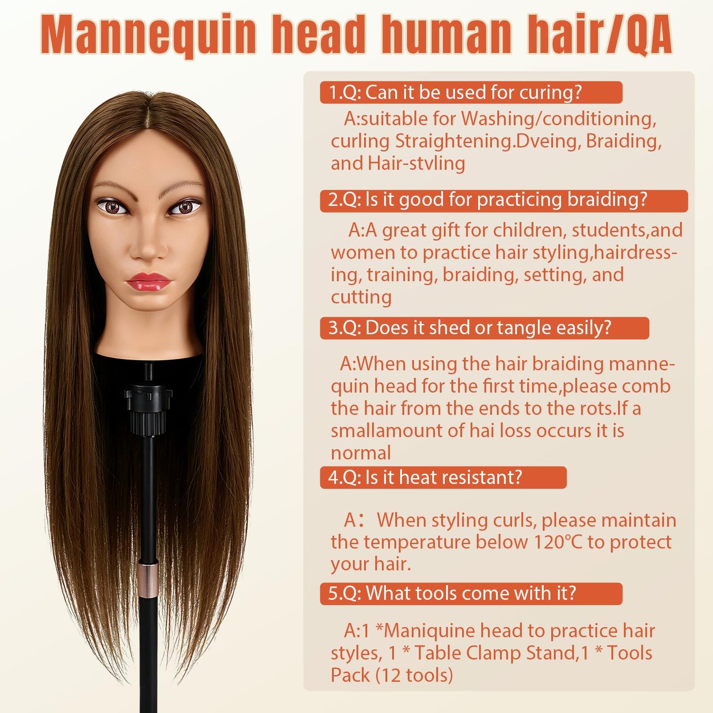 26''Real Hair Mannequin Head,TopDirect 100% Amber Brown Hairdresser Cosmetology Mannequin Doll Head Styling,Manikin Heads Hairs Braiding DIY Styling with Clamp Holder and Tools Set