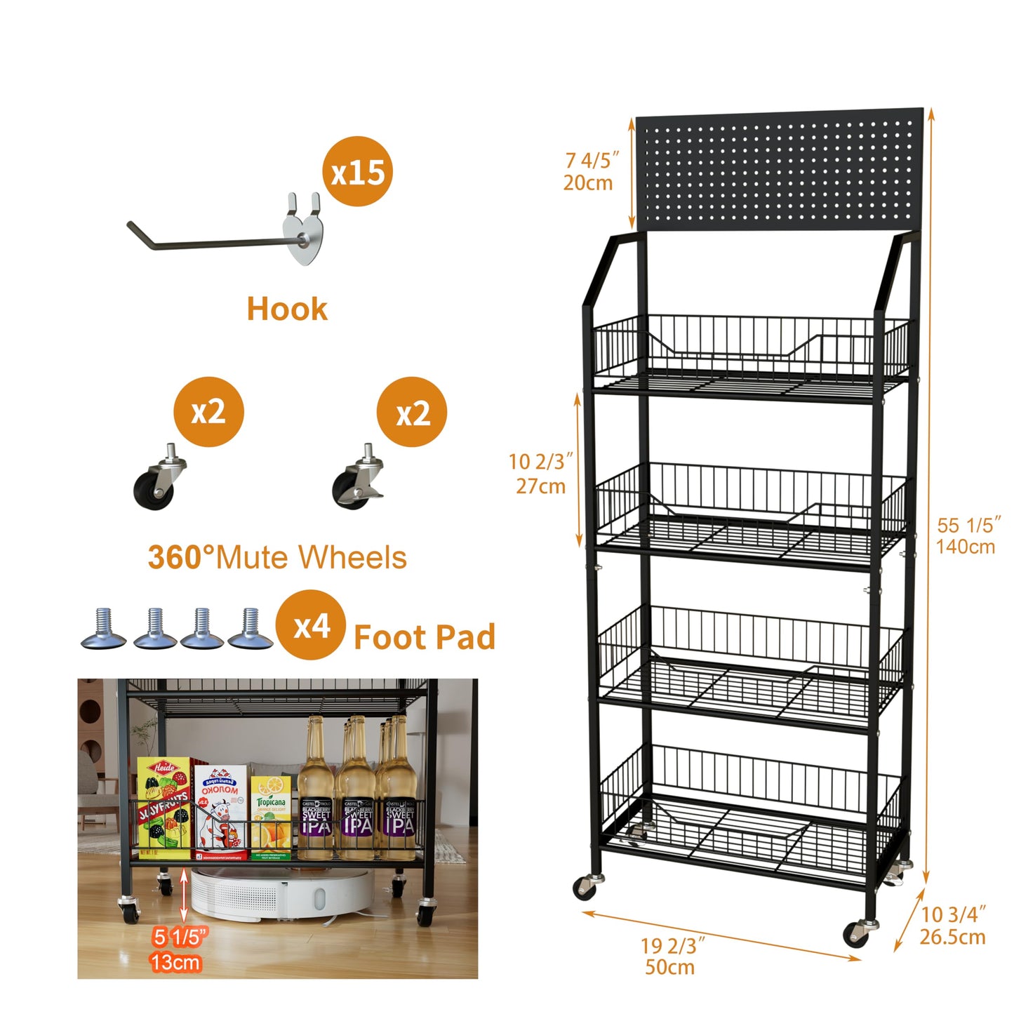 Fitzkor 4 Tier Supermaket Storage Rack, Snack Rack Display Stand, Retail Display Organizer Stand with Hooks & Wheels, Metal Snack Shelf for Store Home Kitchen, Black Chip Rack Display Stand (4 Tier)