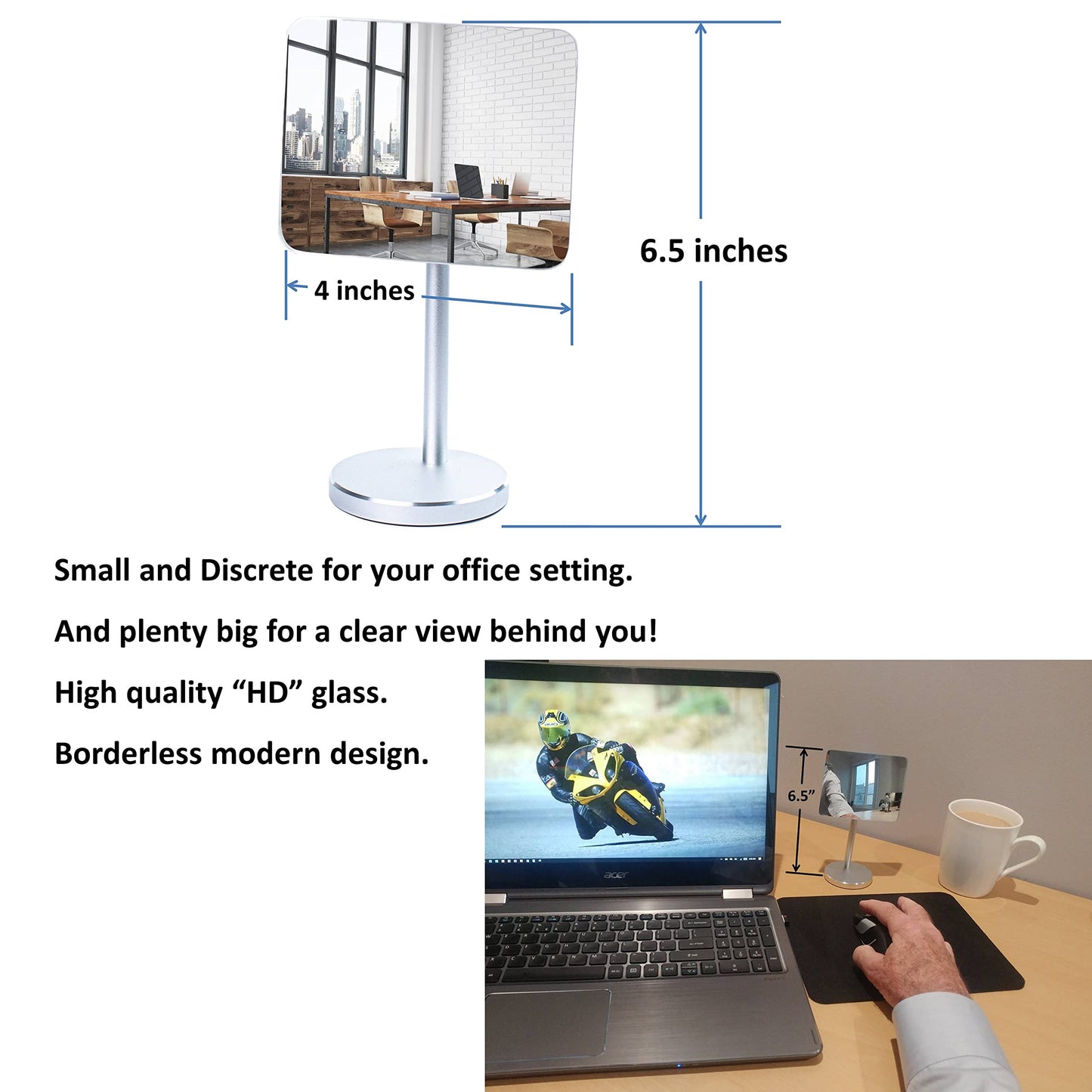 WatchYrBack Desk and Cubicle Mirror to See Behind You, Silver Stand with Detachable Wide Angle Real Glass Mirror, Small & Discrete, Beautiful Design, Perfect Curvature for an exceptionally Clear View