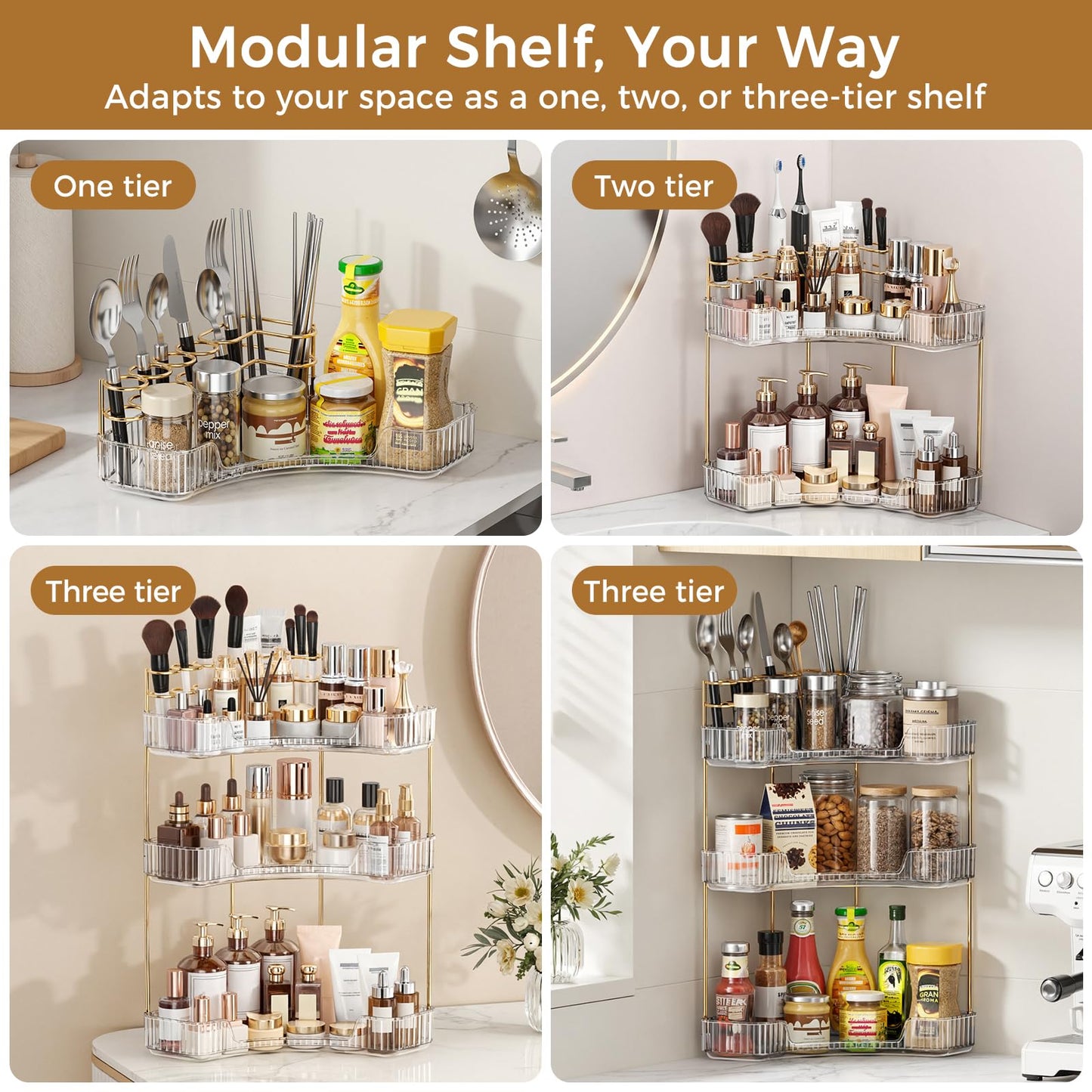 BEFSOP Corner Bathroom Counter Organizer, Upgraded 3-Tier Makeup Organizer Countertop with Makeup Brush Holder, Skincare Exquisite Vanity Organizers Countertop Bathroom Storage Dresser(CLEAR)