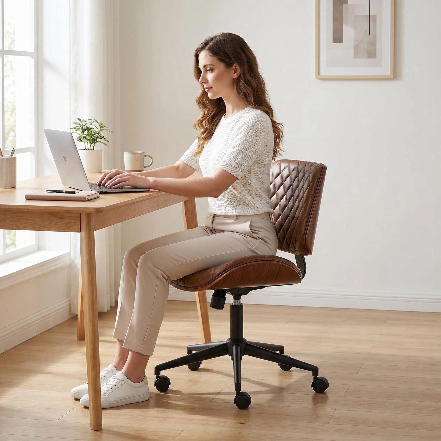 Furnimart Armless Small Desk Chair with Wheels, 360° Swivel Faux Leather Vanity Chair for Bedroom, Compact Home Office Task Chair for Small Spaces, Heavy-Duty Wood Frame(PU Brown)