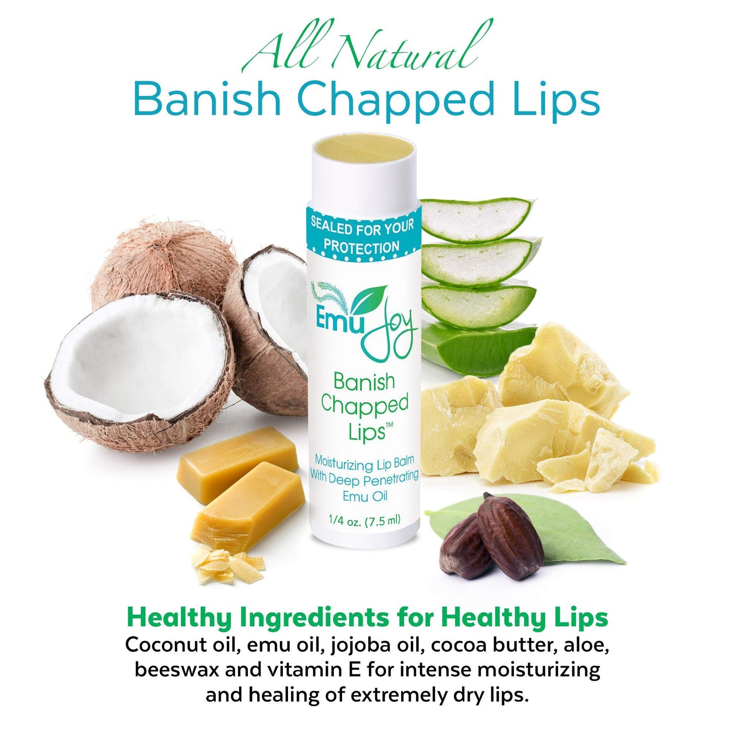 Emu Joy Banish Chapped Lips Moisturizing Lip Balm | Emu Oil, Coconut Oil & Beeswax | Petroleum Free, Paraben Free, Unscented | All Ages | 3 x 0.25 oz