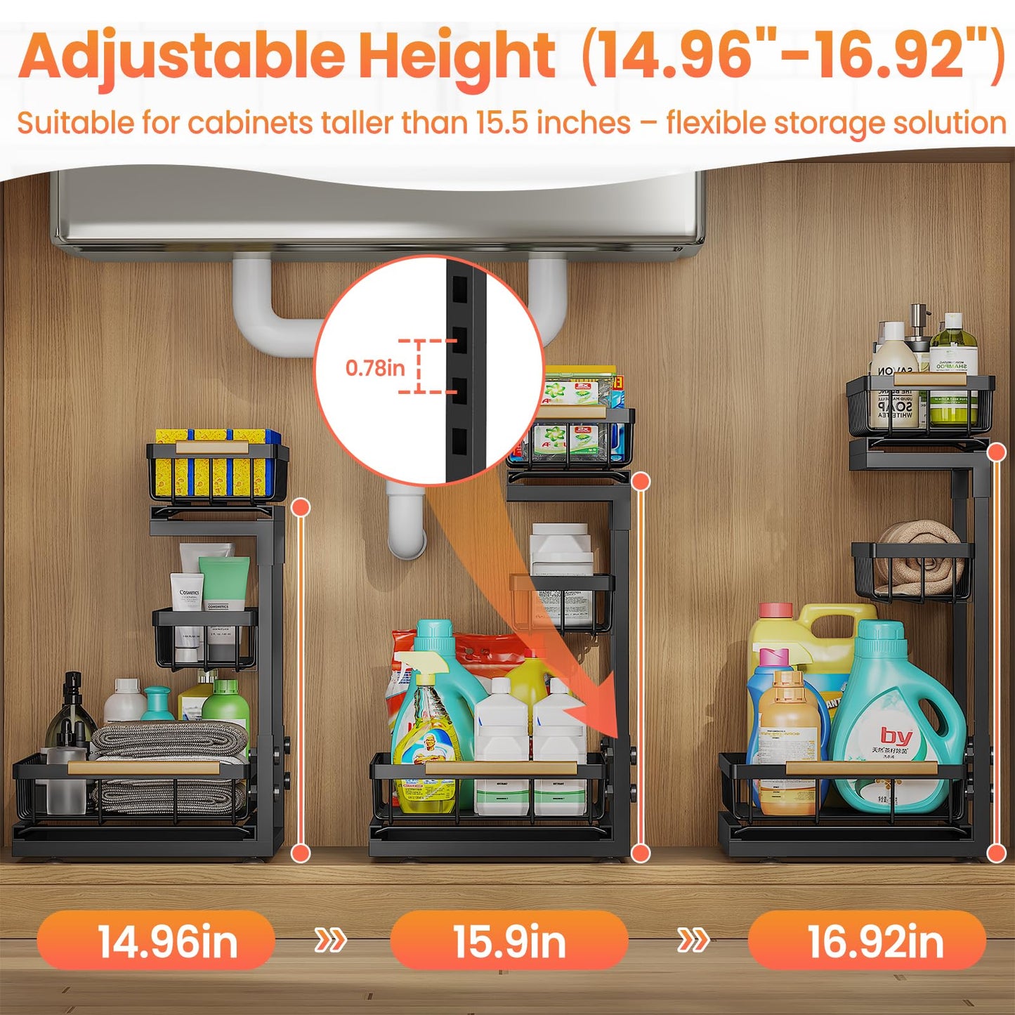 Aekenr Under Sink Organizer and Storage for Bathroom and Kitchen - 2 Pack 3 Tier Under Cabinet Pull Out Shelf Organizers - Slide Out Drawer Organization for Home Cabinets Shelves and Drawers