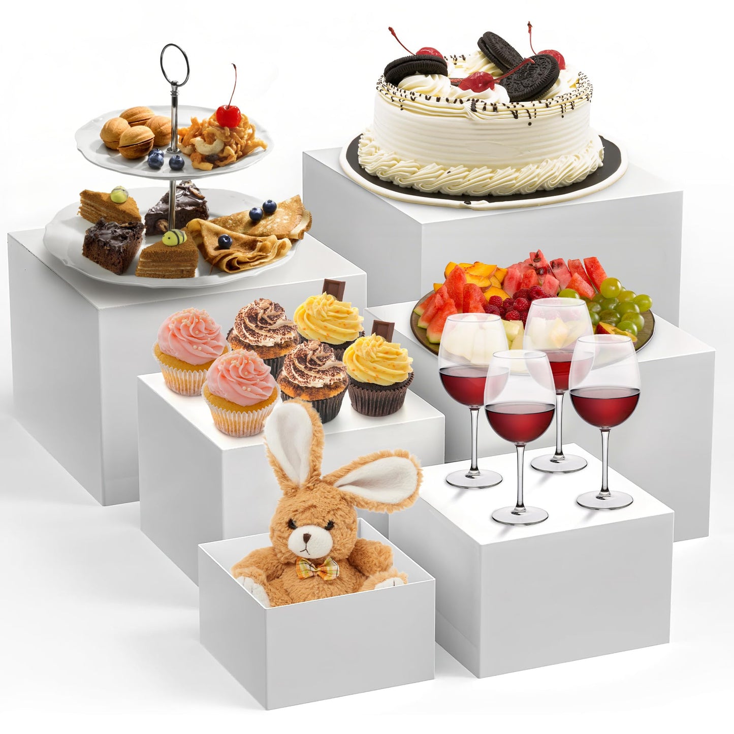 Garvee 6-Piece White Stackable Display Risers for Desserts – Multi-Sized Food Stands for Bakery, Wedding, Buffet, and Retail Display (Nesting & Space-Saving)