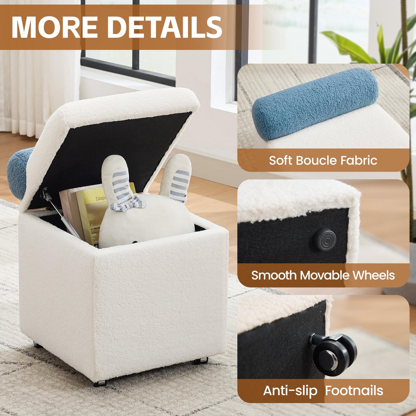 UMBFUN Boucle Vanity Chair with Storage, Swivel Makeup Vanity Chair with Wheels & Safety Hinge, Upholstered Vanity Stool Ottoman for Bedroom, Dressing Room, White