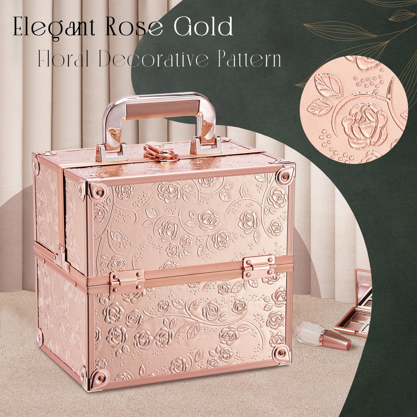 FRENESSA Makeup Train Case Cosmetic Box Portable Makeup Case Organizer 4 Trays Lock Travel Storage Organizer with Dividers Make Up Artist Vanity Hard Nail Spa Beauty Box Rose Gold Floral