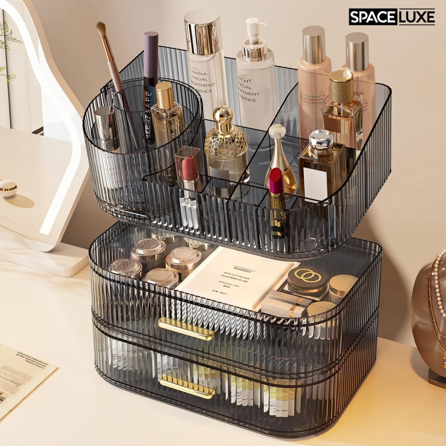 SpaceLuxe Makeup Organizer with Drawers and 360° Rotating Brush Holder, Large Capacity Cosmetic Storage for Vanity, Skincare, Perfume, Hair Accessories, Lipstick & Jewelry (Transparent Gray, 3-layer)
