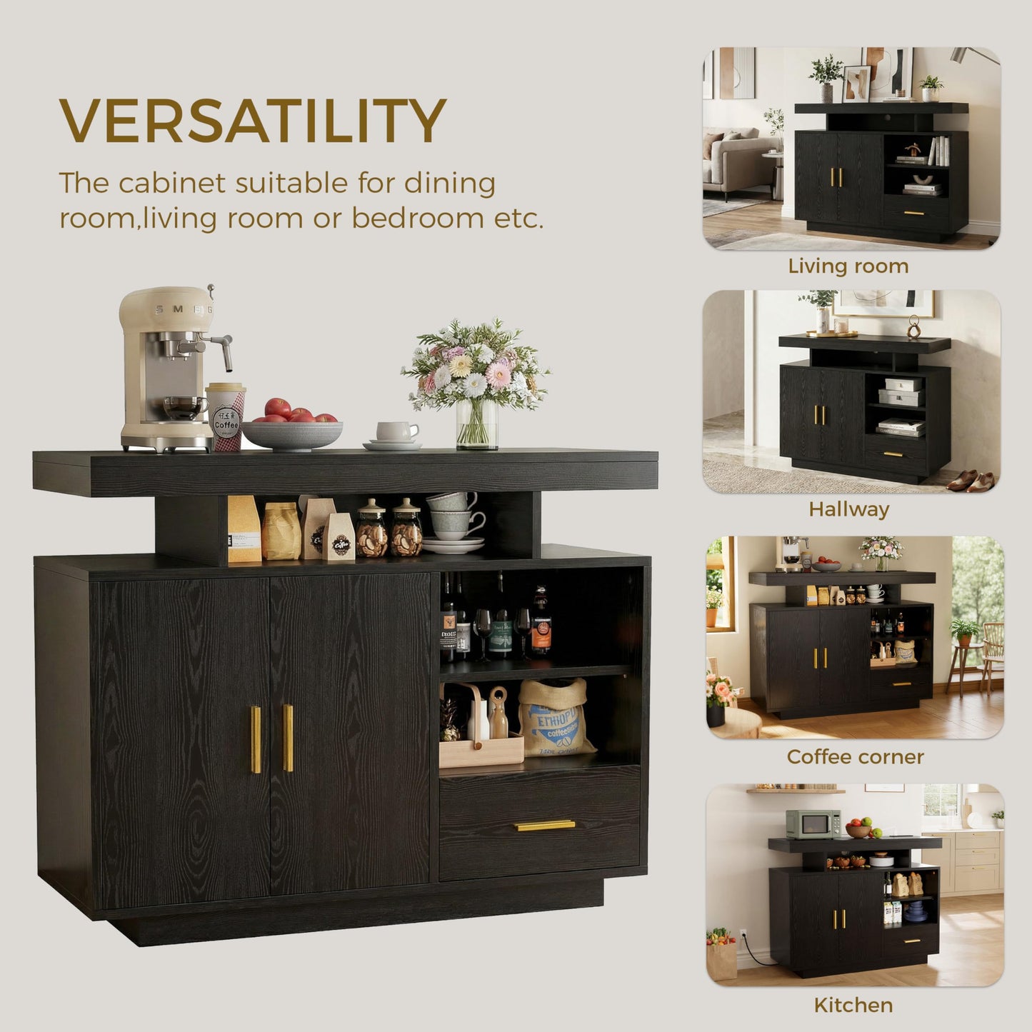 IRONCK Buffet Cabinet, Sideboard Cabinet with Power Outlet and LED Light, Modern Storage Cabinet with Drawer and Shelves, Black