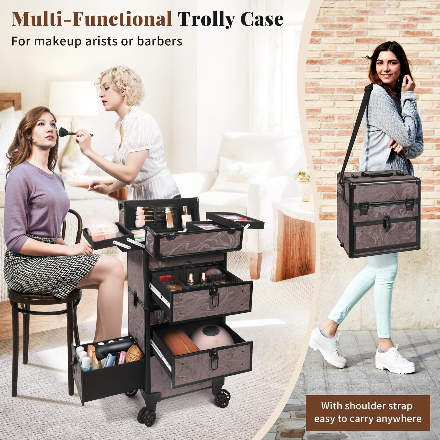 AROUS Rolling Makeup Case with 3 Drawers, Cosmetology Case on Wheels 5 IN 1 Makeup Train Case Make Up Organizer for Artist Salon Nail Teach Trunk,Ink Brown
