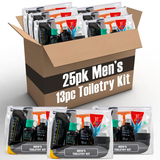 Trail maker (25 Pack) Homeless Care Package Hygiene Kits for Men, 13 Piece Travel Size Toiletries, Summer Essentials with Toothbrush, Soap, Shampoo, and Deodorant