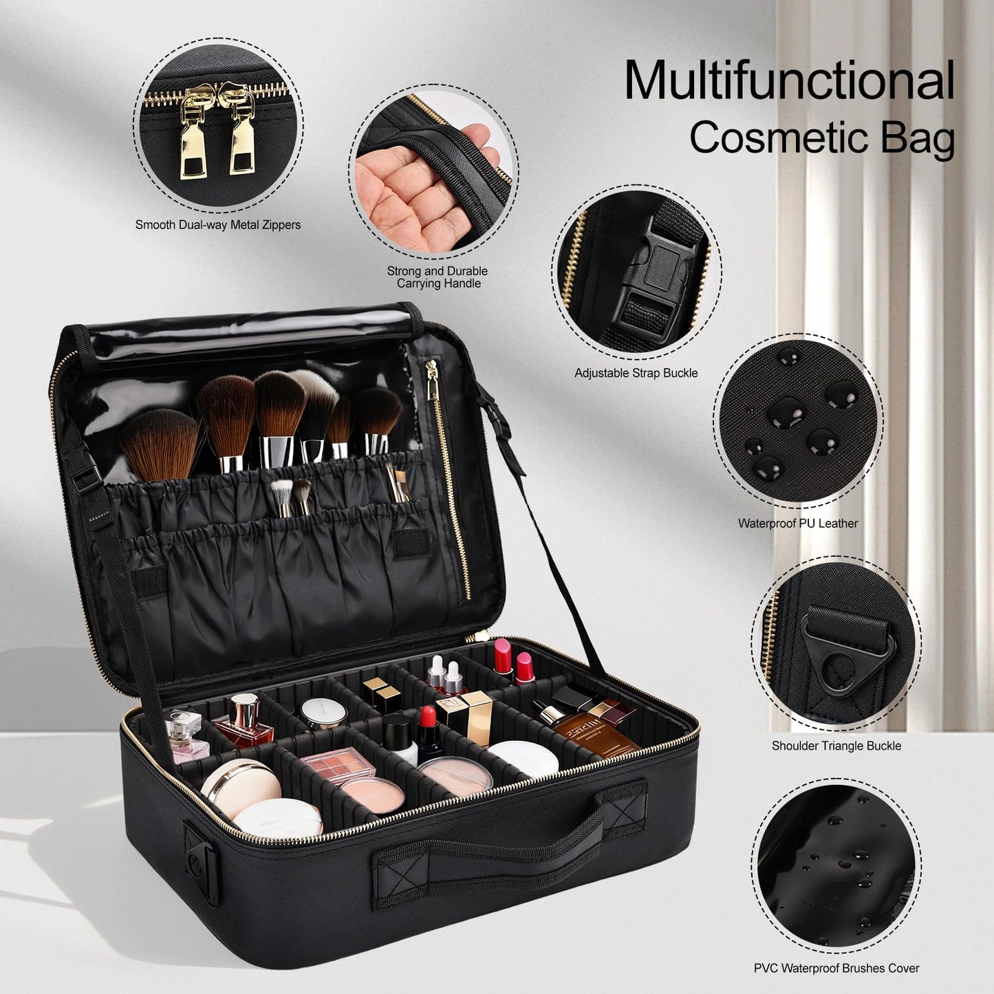 Travel Makeup Bag with Brush Holder, Professional Cosmetic Train Case Organizer, Portable Travel Makeup Brush Carry Case Artist Storage Box with Adjustable Dividers and Shoulder Strap, Leather Black