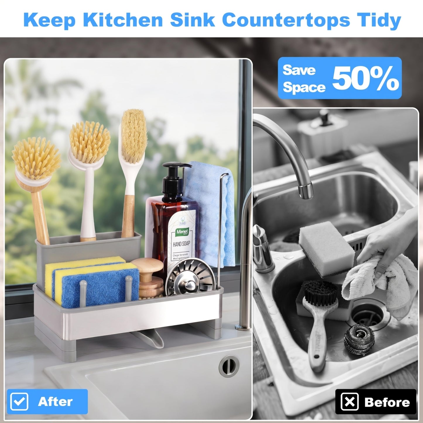 Ouletoy Kitchen Sink Caddy Organizer, Stainless Steel Sponge Holder, Kitchen Caddy Sink Organizer with Dish Brush Holder and Dishcloth Rack, Rustproof Dish Sponge Drying Rack for Countertop Storage