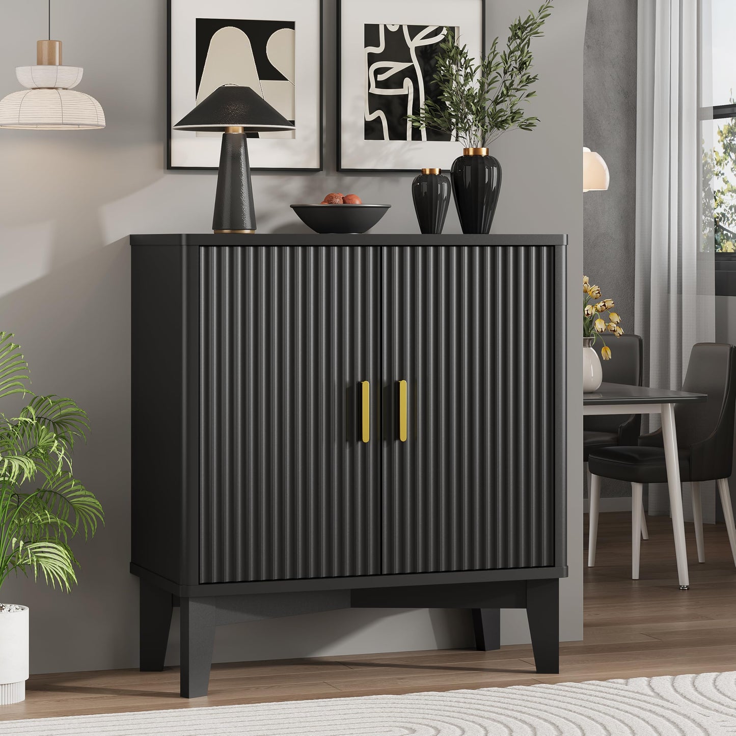 Xixini Fluted Buffet Sideboard Cabinet with Storage, 30" Mid Century Modern Coffee Wine Bar with Adjustable Shelves, Wood Small Buffet Table with 2 Doors for Kitchen, Dining Room, Living Room, Black