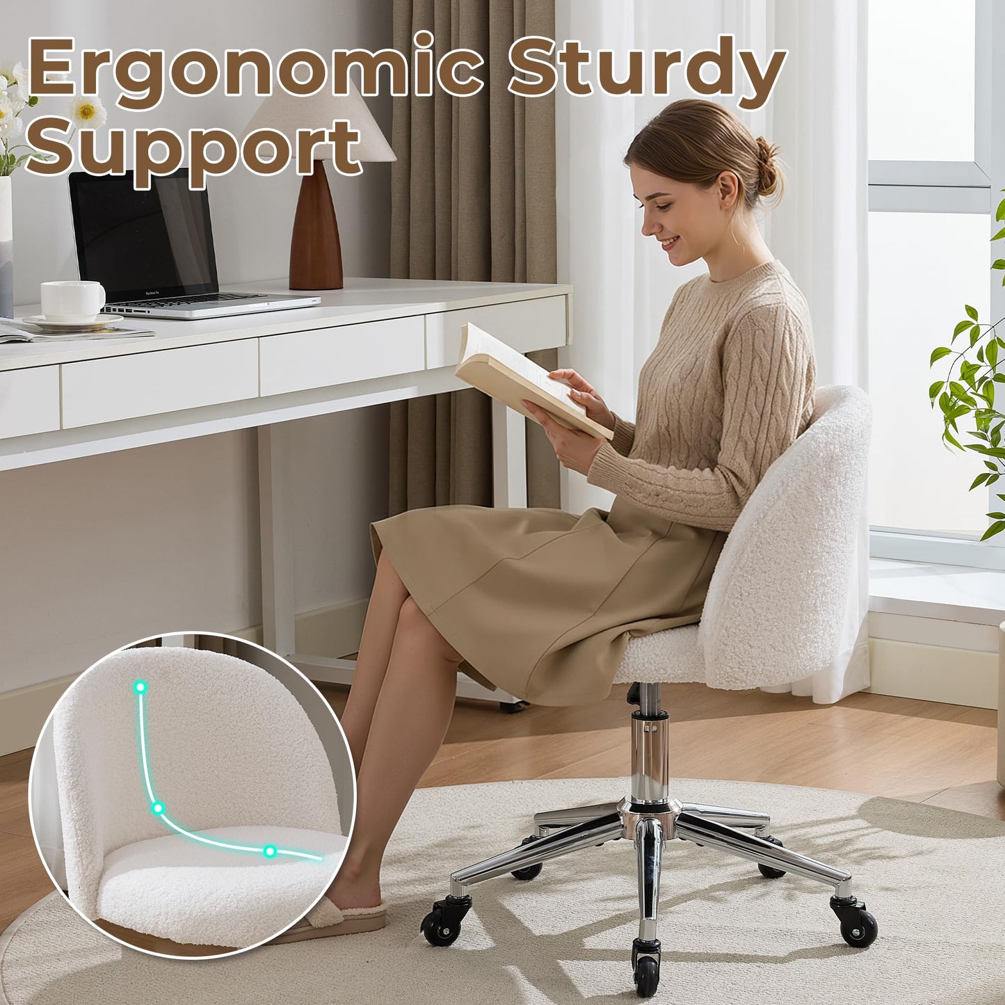Forfutra Home Office Chair with Quiet Wheels - Armless Vanity Chair Vanity Stool, 360 Swivel Height Adjustable White
