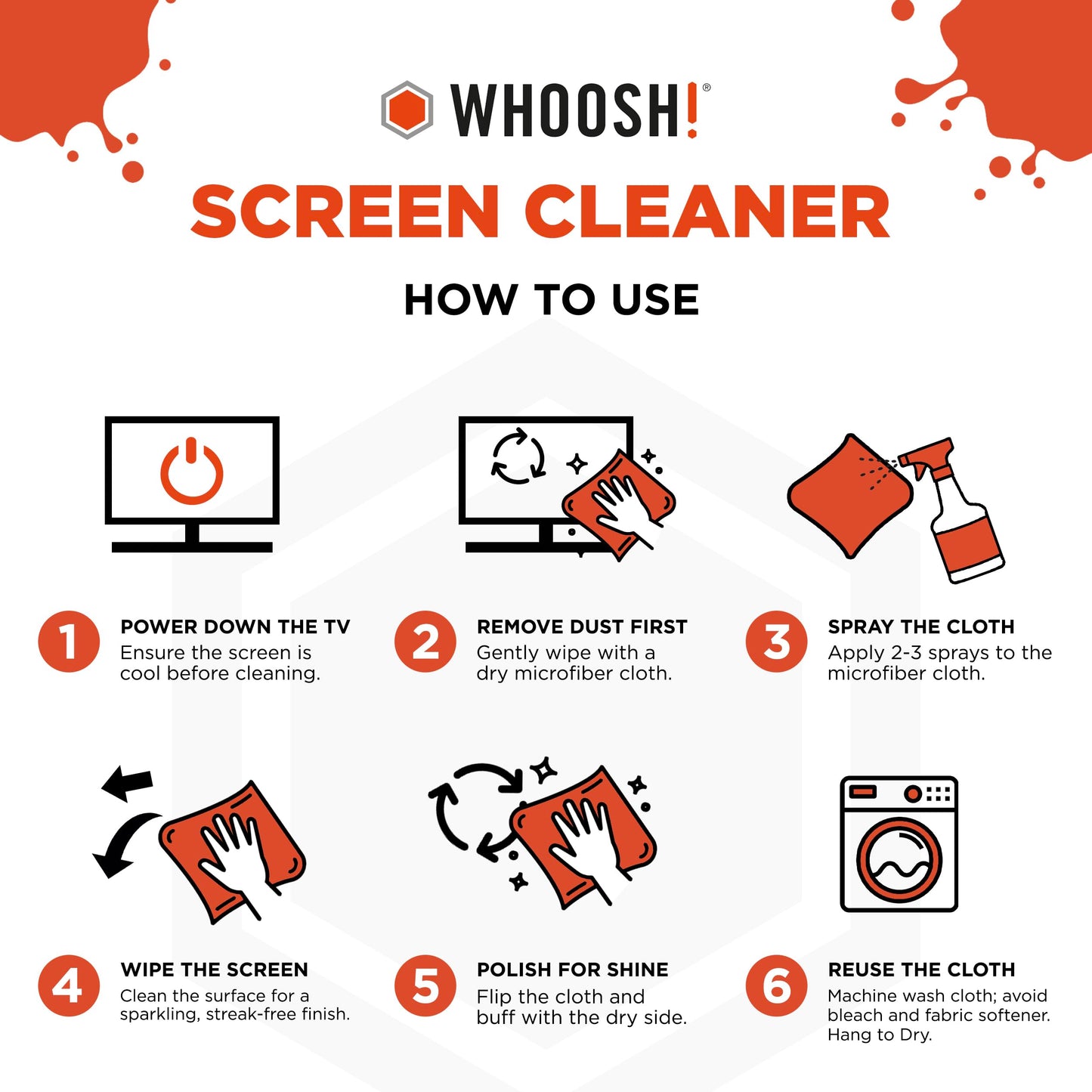 WHOOSH! Pro 16.9 fl oz Refillable TV Screen Cleaner & Microfiber Cloth - Streak-Free Cleaner for Flat Screens, OLED, LCD, Smart TV, Monitors - Non-Toxic, Odorless - Electronics Cleaning Kit