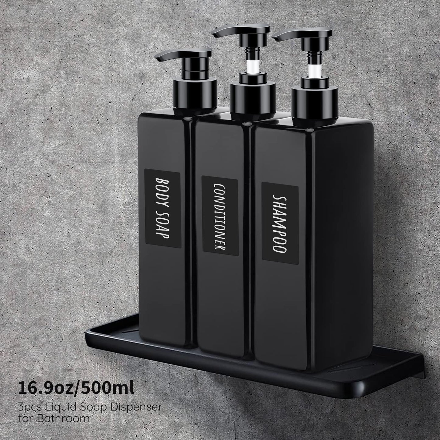 Segbeauty Shower Refillable Dispenser, 3pcs 16.9oz 500ml Pump Press Bottles with Labels, Empty Reusable Plastic Soap Dispenser Bathroom Shower Containers for Body Wash Shampoo Conditioner Lotion Black