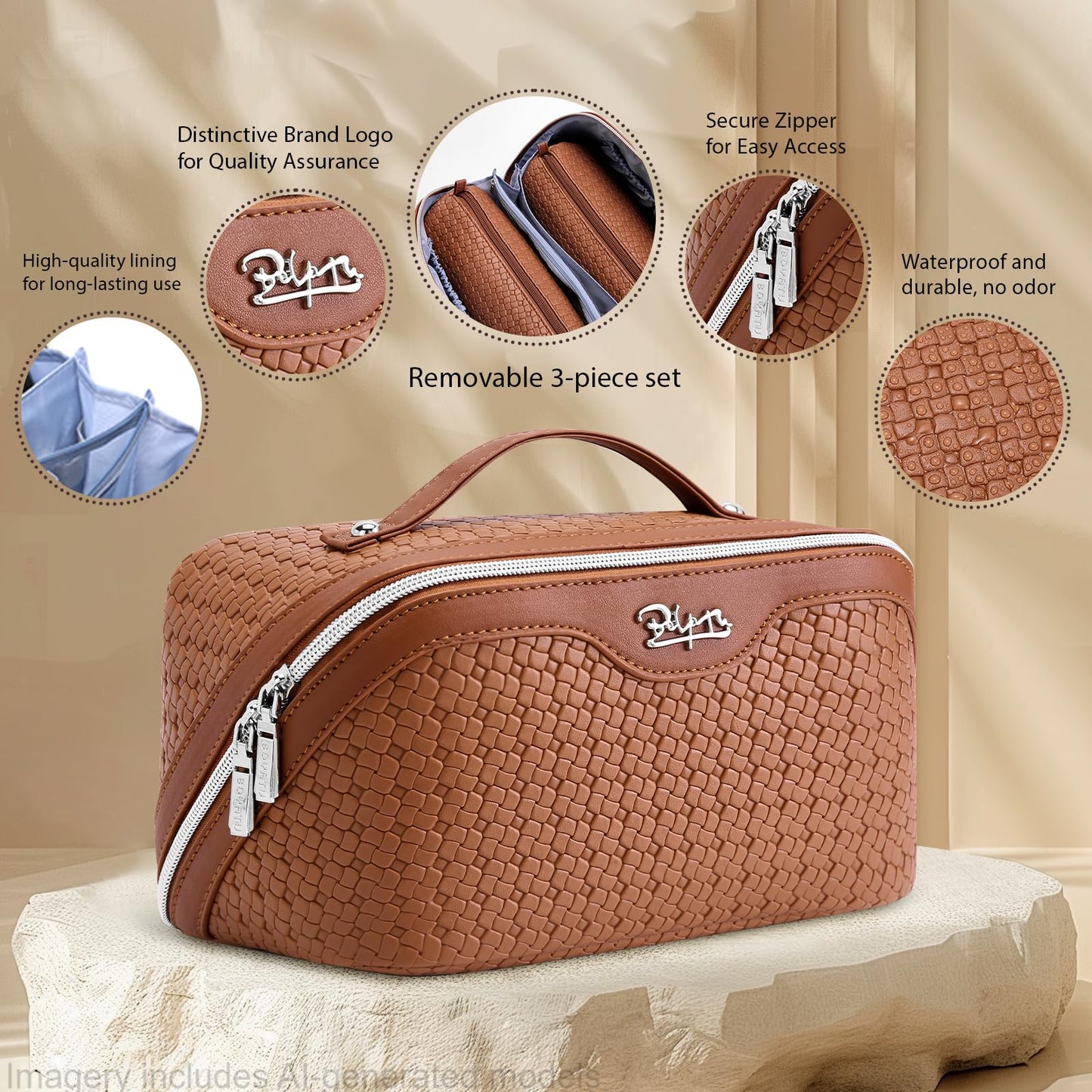 BOYATU Travel Makeup Bag Cosmetic Bags for Women: Large Capacity 3 Pcs Set Make up Bag with Compartments - Waterproof Vegan Leather Toiletry Organizer Bags with Handle (L53Brown)