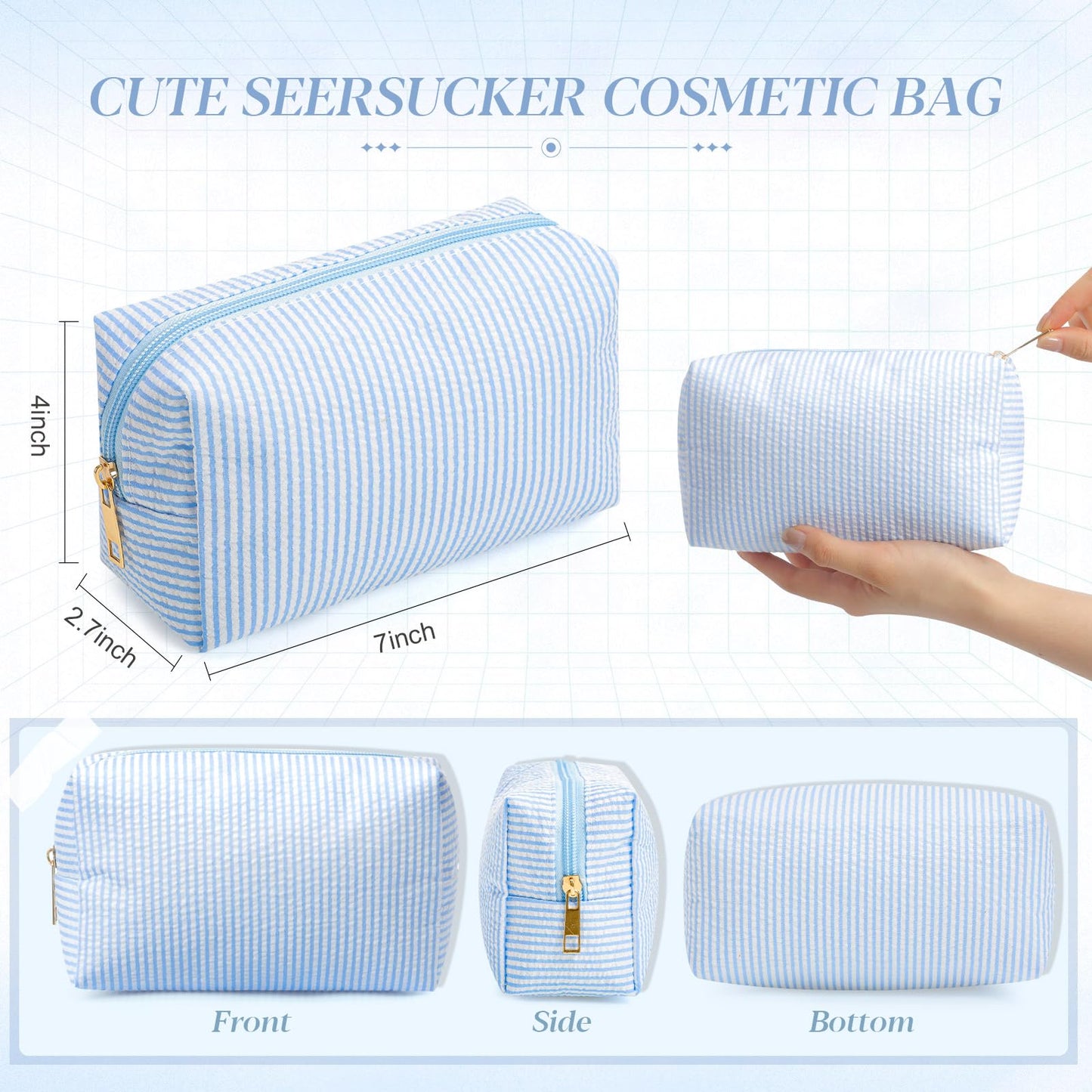 Sanwuta 6 Pcs Seersucker Cosmetic Bags Bulk Seersucker Makeup Bags Stripe Women Pouch Large Preppy Storage Pouch Toiletry Travel Organizer for Wedding Bridesmaid Bride Favor Mom Gift (Light Blue)