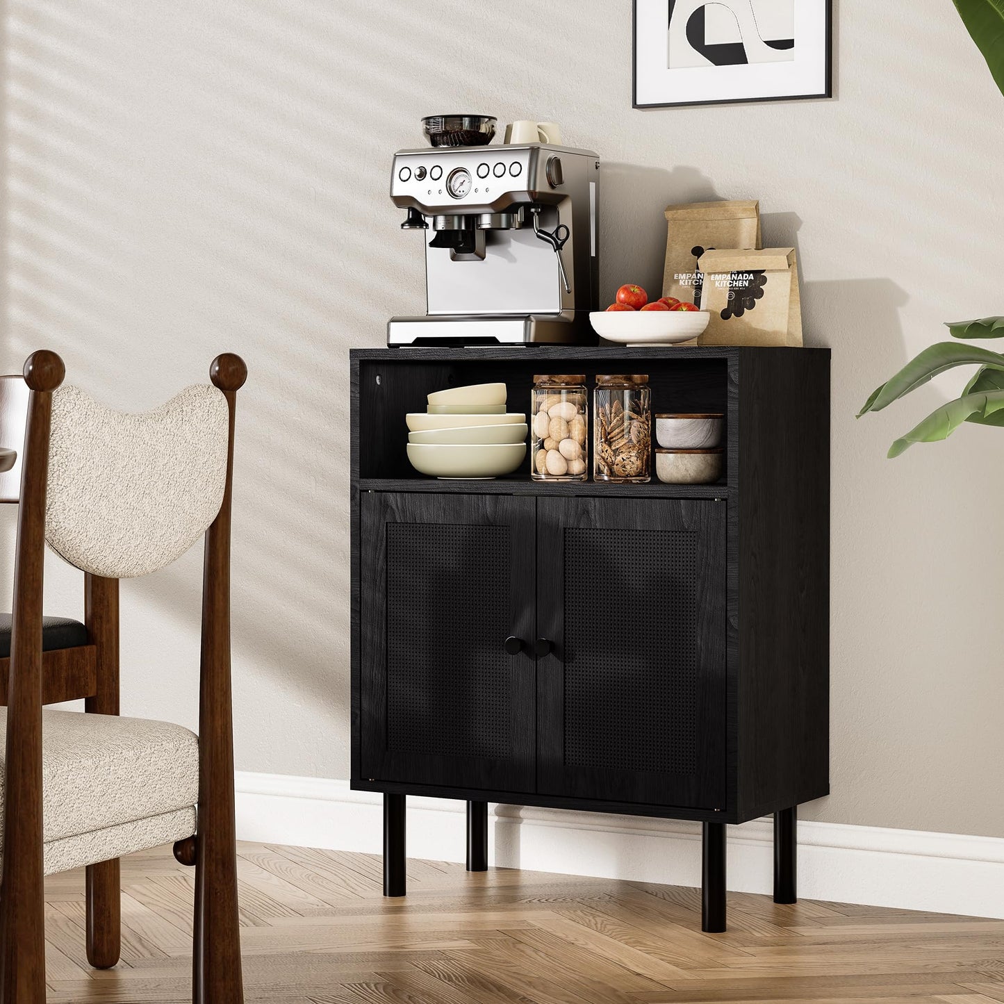 DongRong Rattan Storage Cabinet, Boho Accent Cabinet with Double Doors, Small Freestanding Sideboard for Hallway, Laundry Room,Kitchen, Dining Room, Entryway (Black)