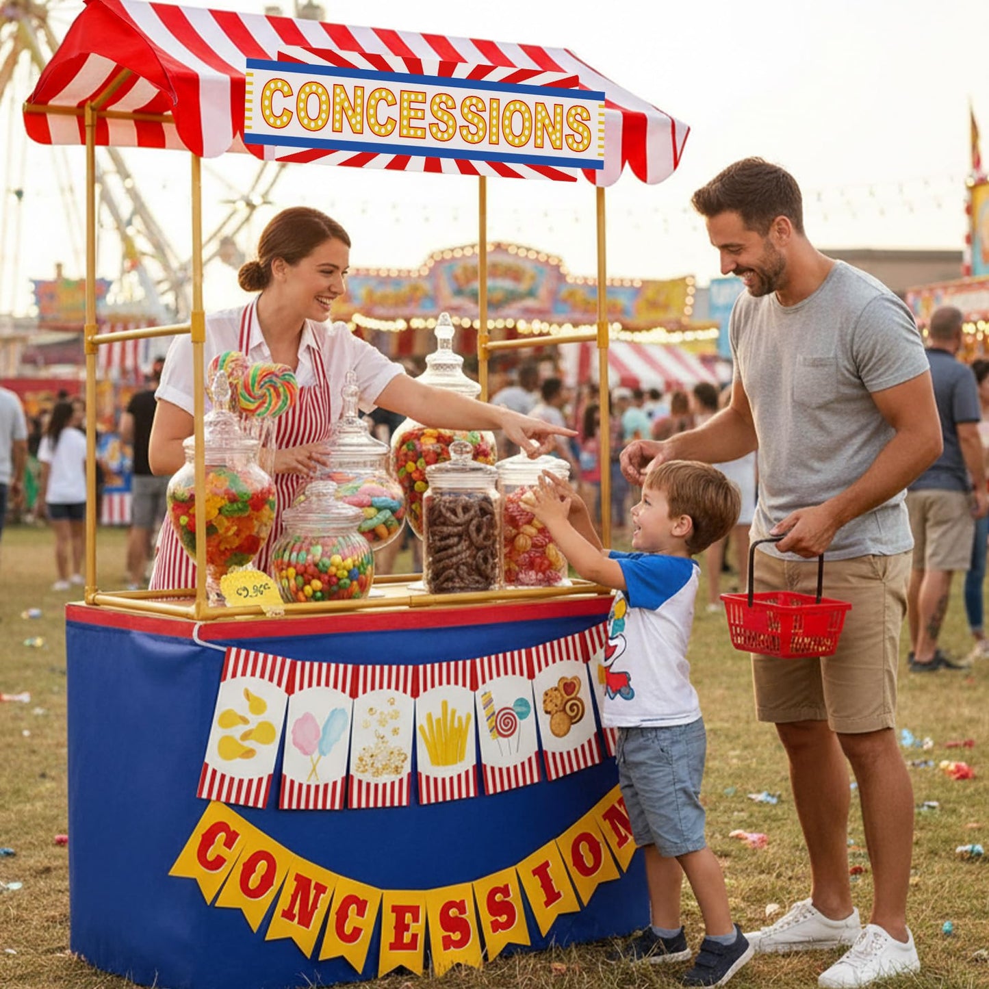 Tioncy 6 Pcs Concessions Stand Kits Hut Decor (Without Table) Include Shelf Banner Roof Pennant Table Skirt for Photo Props Outdoor Themed Party Decor (Desk Is Not Included)