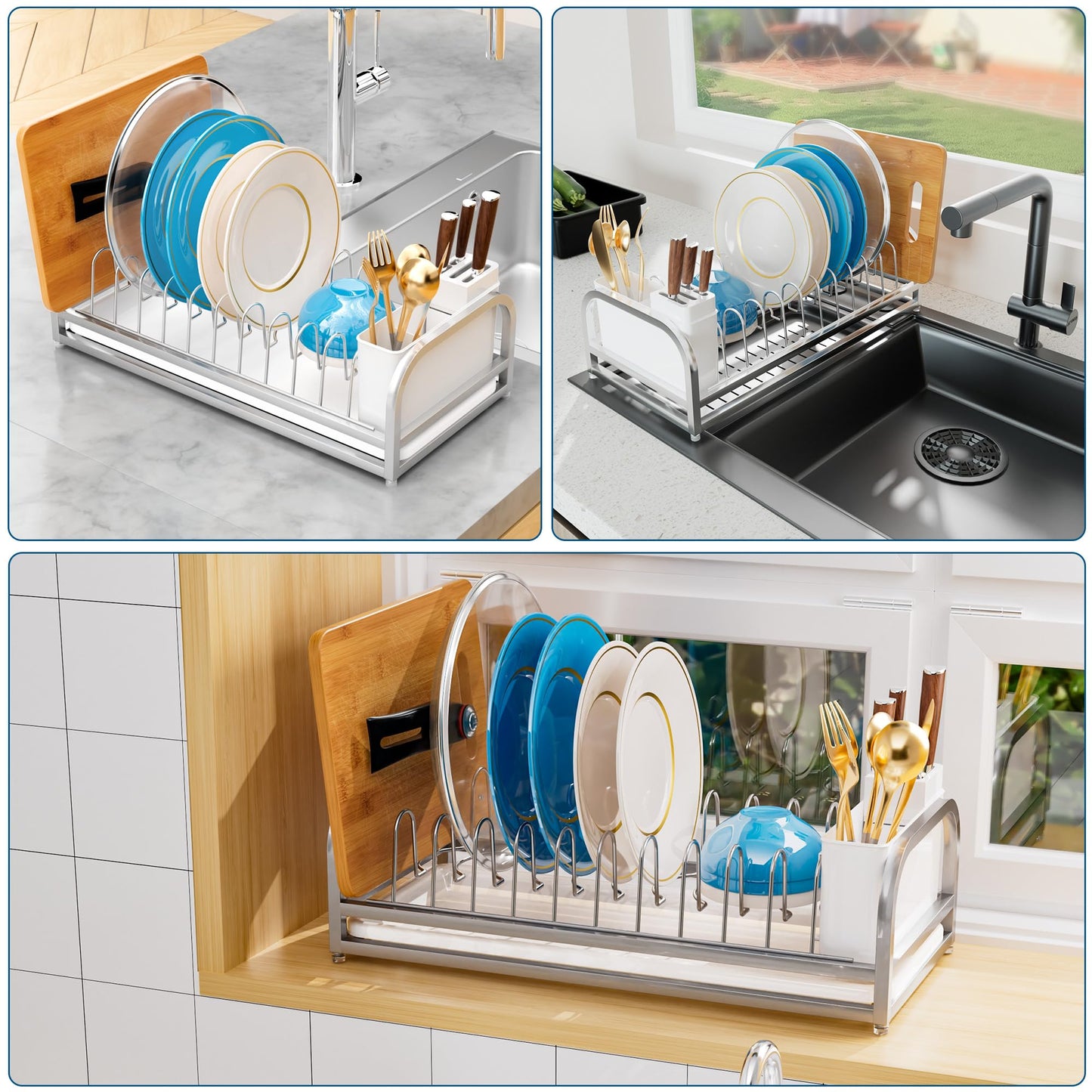 YEYPOP Dish Drying Rack for Small Kitchen Counter, 304 Stainless Steel Small Dish Rack w Utensil Holder & Tray for Limited Space, Rustproof Narrow Dish Rack for Pot & Pan, Plate, Lid (Silvery)