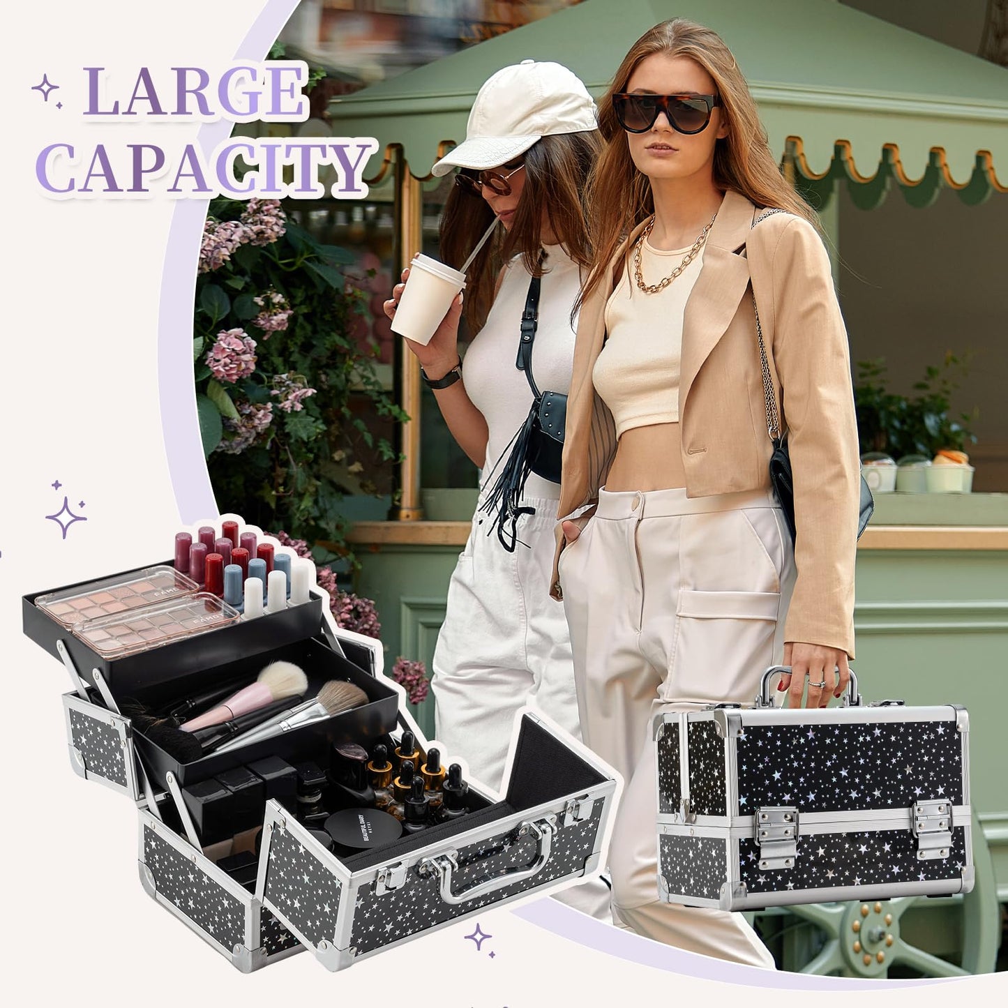 Leeora&Leekoo Makeup Train Case Cosmetic Box Portable Makeup Case Organizer 2 Trays Makeup Storage for Cosmetologist Aesthetic Supplies Nail Tech Traveling Makeup Box (Flashing Star)