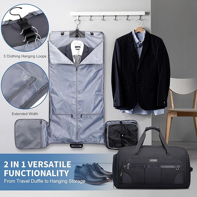 WITZMAN Garment Duffle Bags for Travel Mens Large Convertible Carry On Suit Garment Bag for Men Hanging Clothes with Shoe Compartment（B725 Black）
