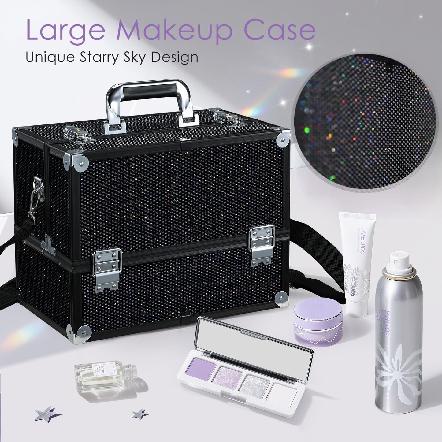 Joligrace Makeup Train Case Large 6 Tray Professional Organizer Box - Cosmetic Make Up Carrier with Lock & Key Carrying Strap for Studio Artist & Stylist Black Rhinestone