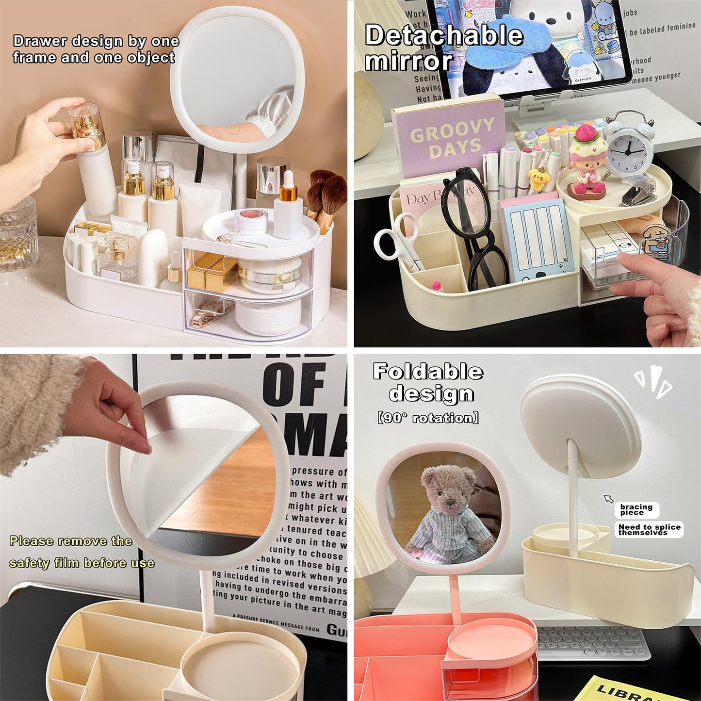 DASITON Makeup Organizer with Rechargeable Mirror,Makeup Brush Holder with 2 Drawers,Skincare and Cosmetics Organizer Countertop,Large Capacity Cosmetic Display Case for Vanity,Bedroom,Bathroom(Cream)