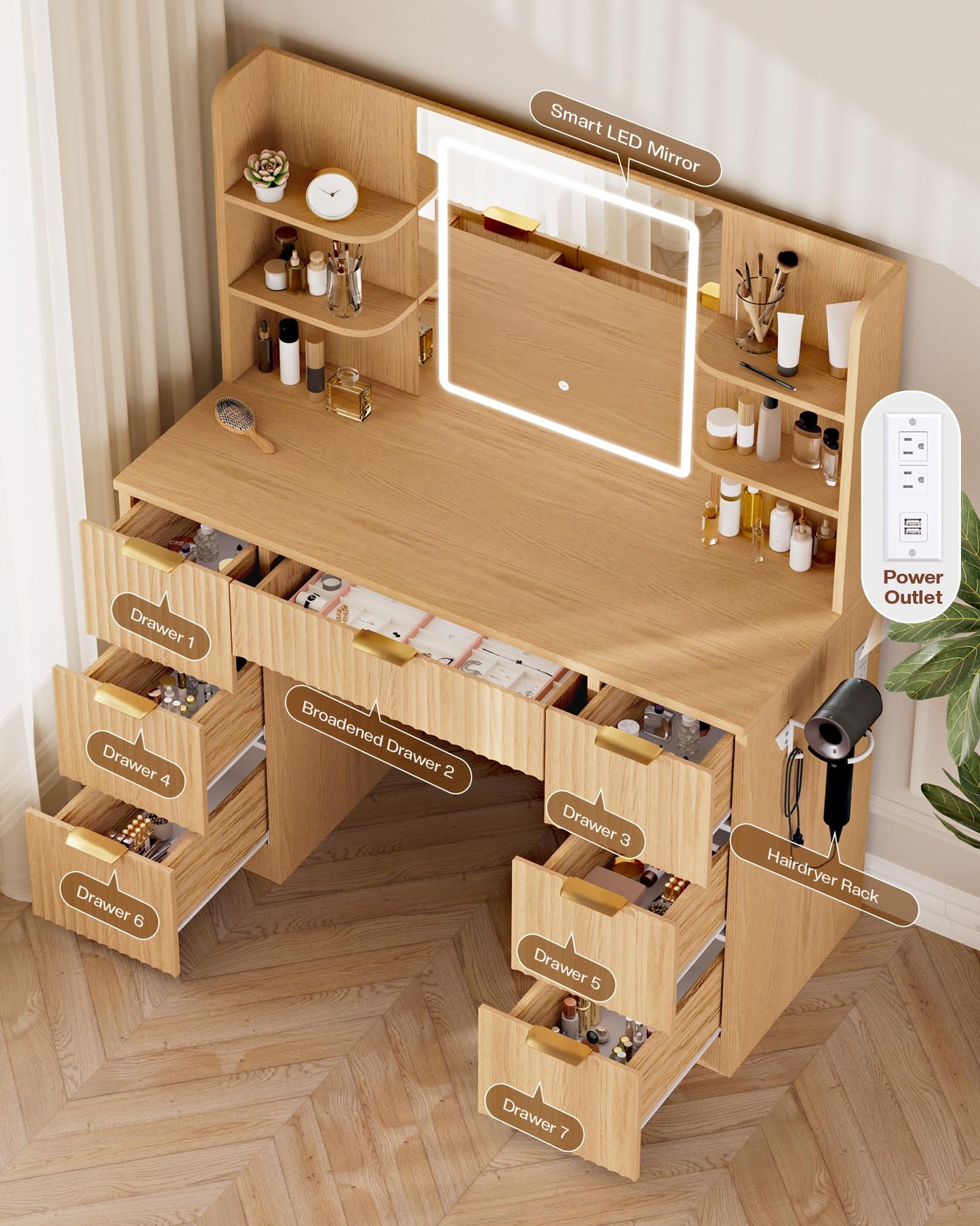 LIVELYGLOW 43" Large Natural Wood Makeup Vanity Desk with Charging Station