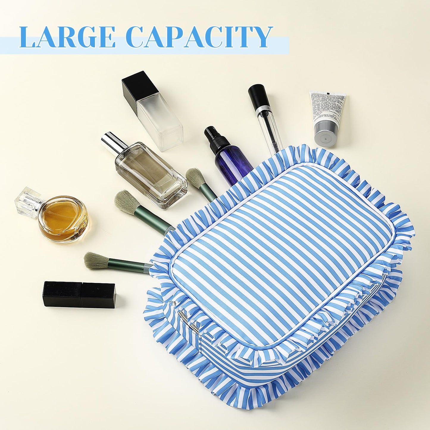 Kigeli Ruffle Makeup Bag Preppy Makeup Pouch Large Travel Cosmetic Bag Nylon Waterproof Toiletry Make up Organizer for Women(Striped,Blue)