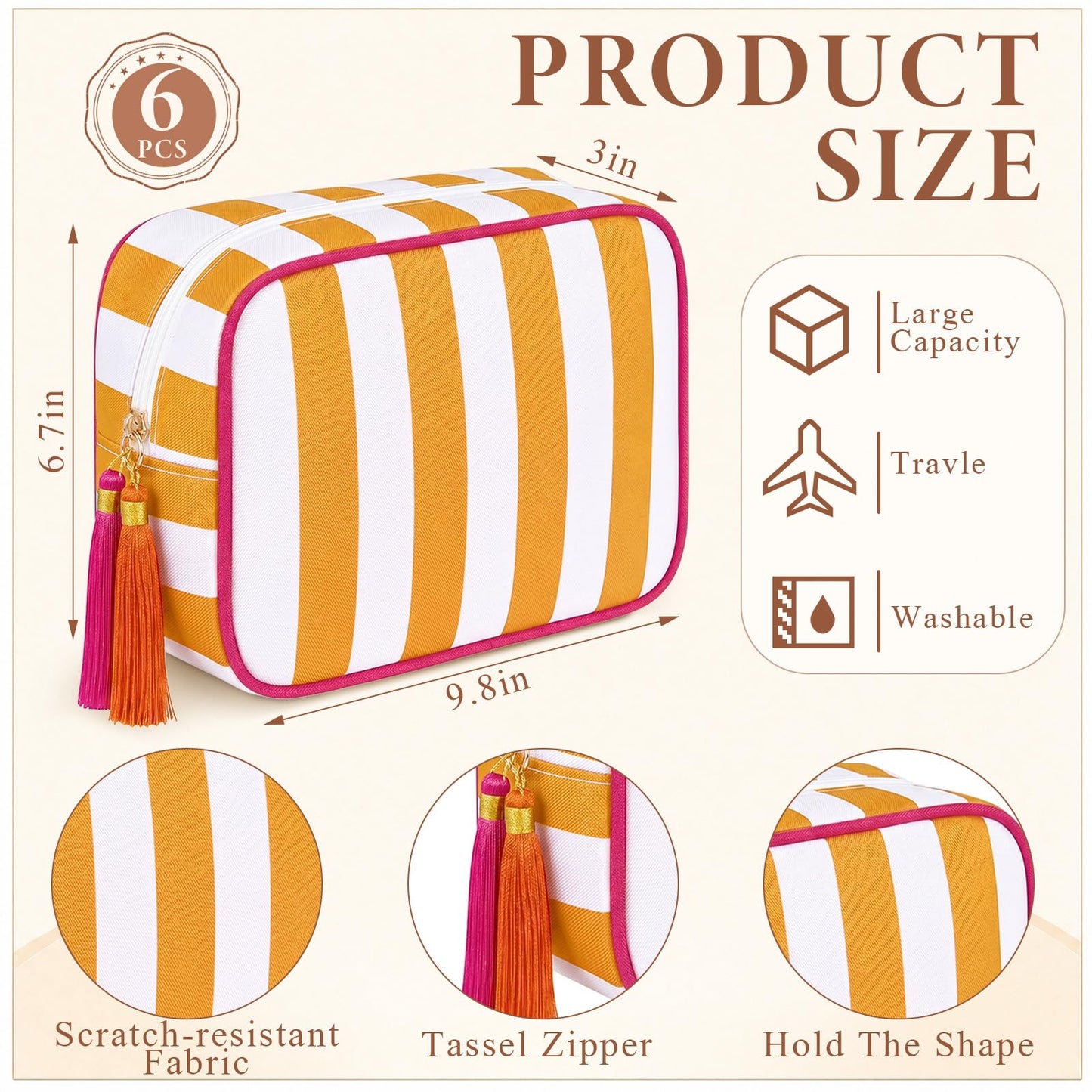 Kacctyen 6 Pack Orange and White Striped Makeup Bag bulk with Tassel Travel Cosmetic Pouch Organizer Large Zipper Toiletry Case for Women Aesthetic Storage Pouch Mahjong Tile Bag