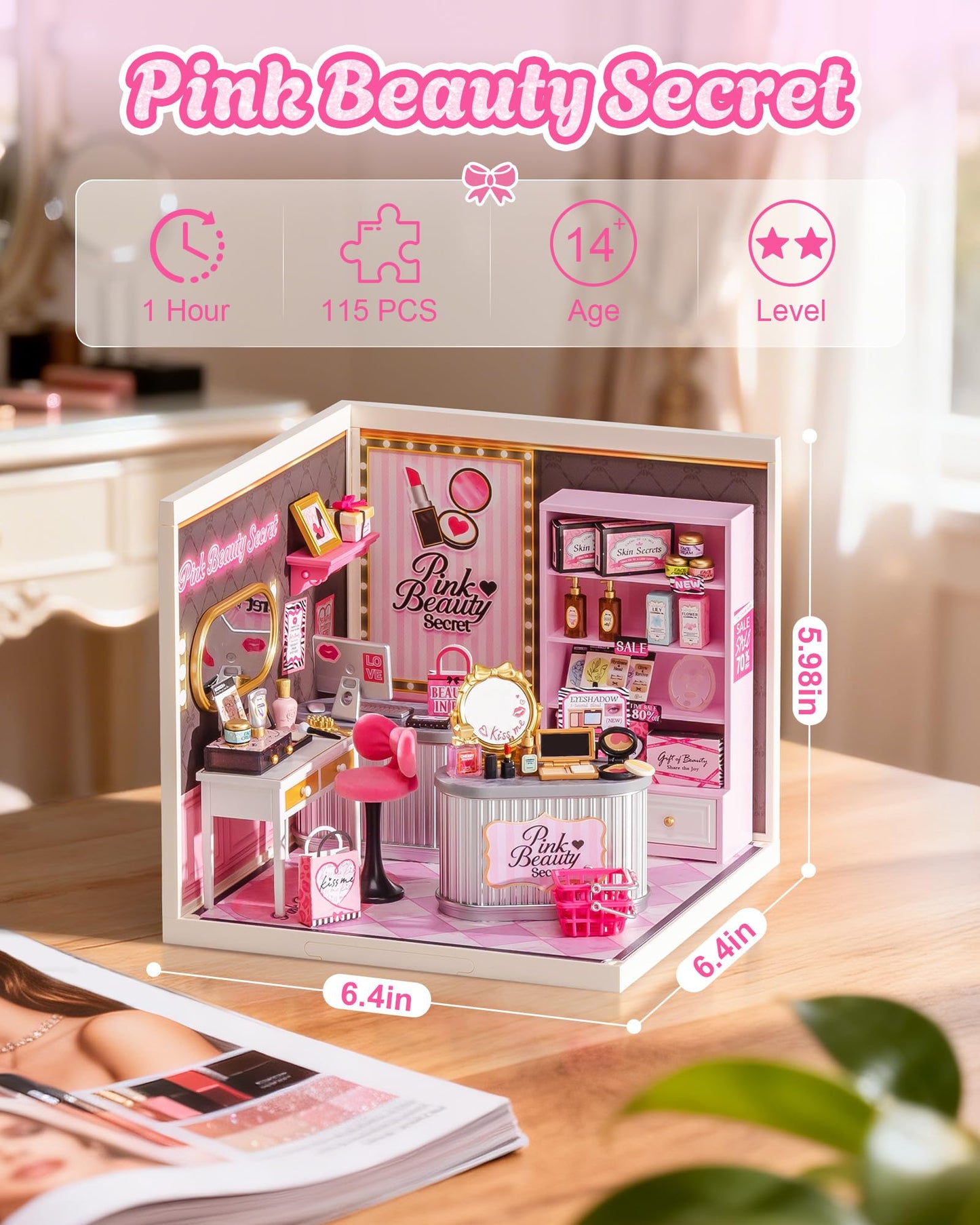 Rolife Super Creator Pink Beauty Secret DIY Miniature House Kit - No Glue Plastic Click-Assembly Dollhouse with Type-C LED Light - Stackable Room Box Toy for Adults and Teens (115 PCS)