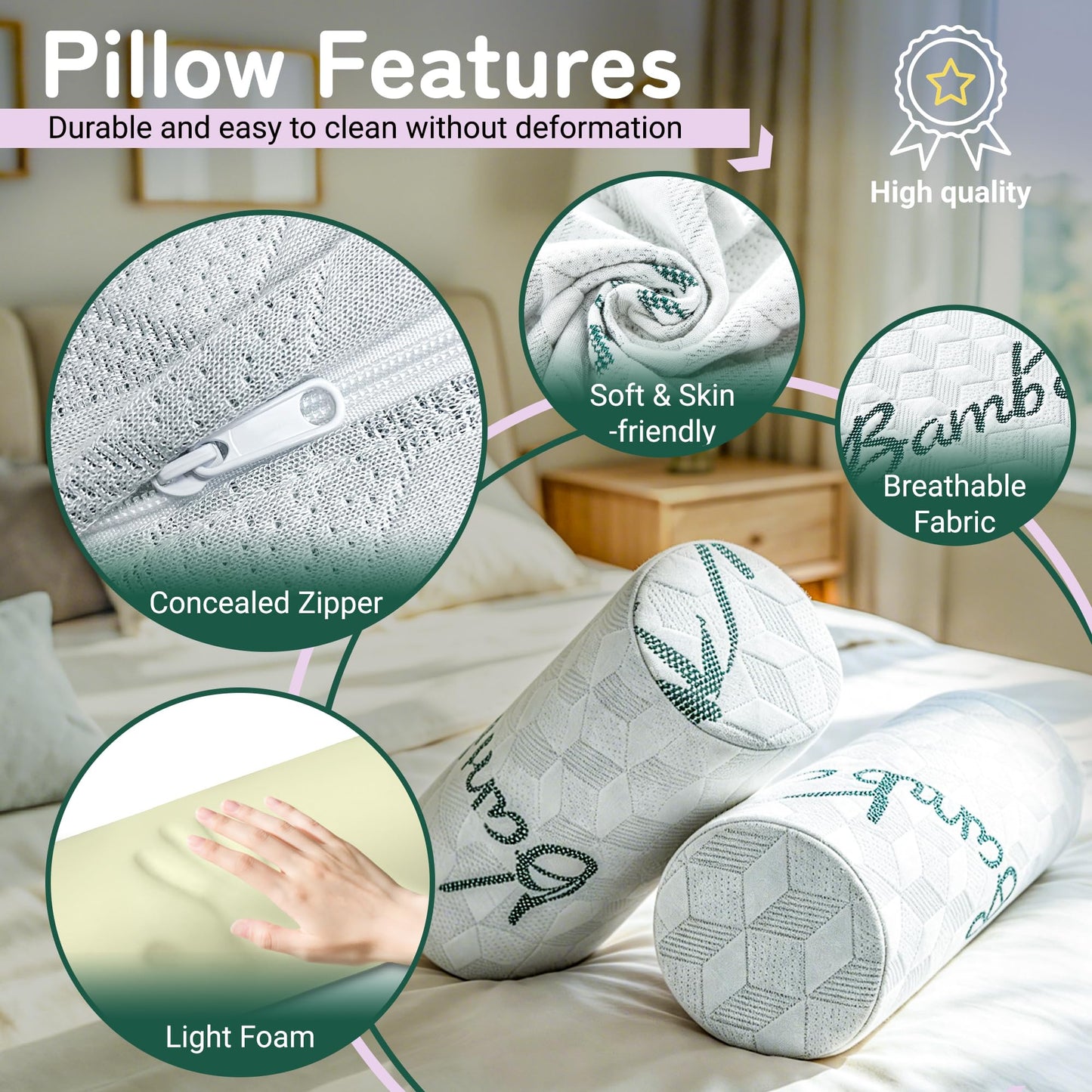 Cervical Roll Pillow, Cylinder Neck Pillow with Removable Washable Cover