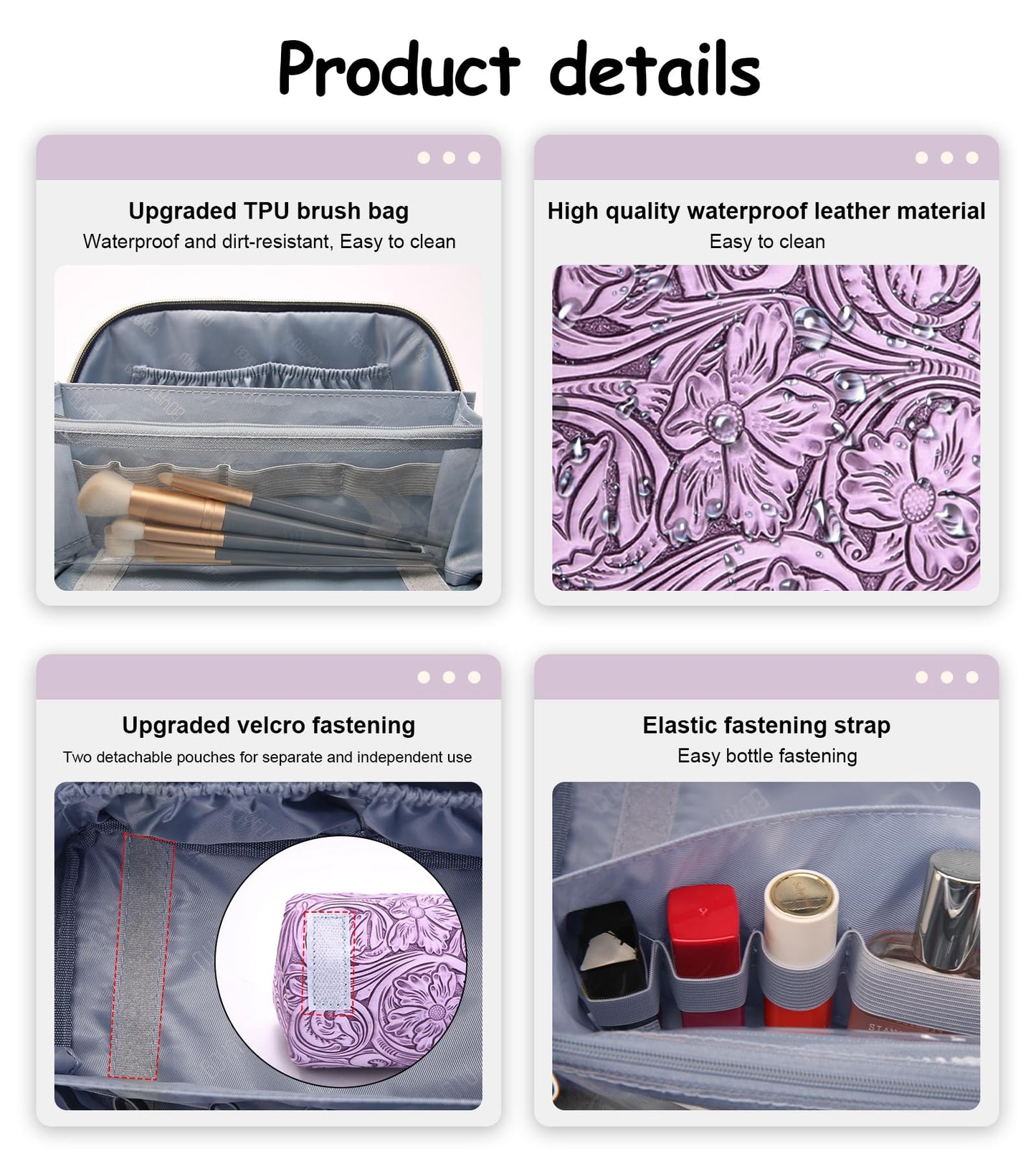 BOYATU Travel Makeup Bags Cosmetic Organizer Bag: 3 Pcs Set Large Capacity Floral Make up Bag with Compartments - Waterproof Leather Toiletry Bags with Handle for Women (21-Purple)