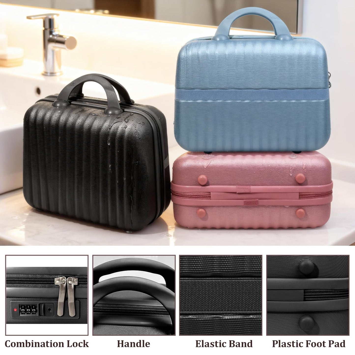 JZRTravel 14 Inch Makeup Train Case with Lock Hard Shell Cosmetic Travel Case w Elastic Strap, ABS Portable Toiletry Bag for Toiletries Make up Storage Case for Women Adult