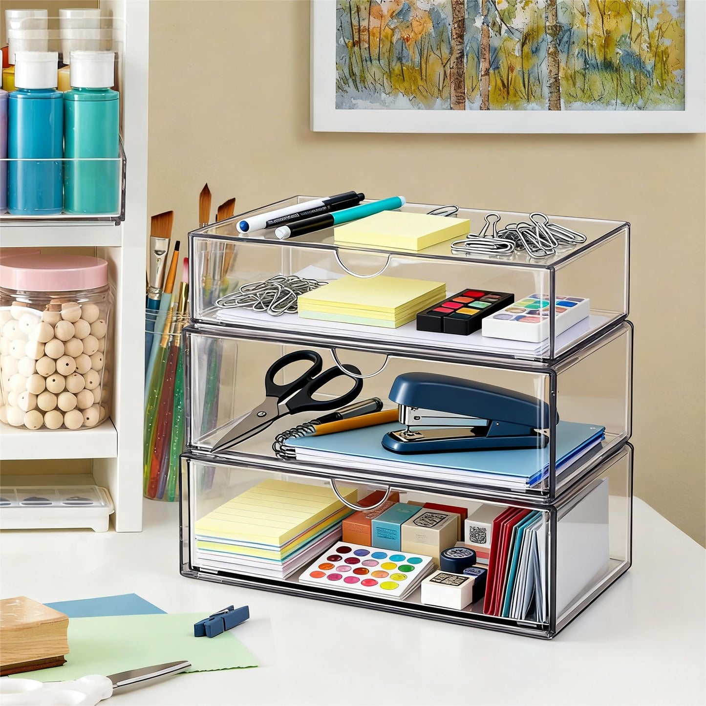 EAROND Medicine Cabinet Organizer with Removable Dividers, 3-Tier Stackable Drawer Storage for Bathroom, RV, Vanity, Countertop & Desk