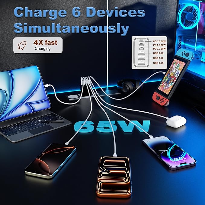 USB C Charger Block, 2-Pack 65W 6-Port USB C Wall Charger iPhone Charger Fast Charging PD Power Adapter+QC Wall Plug Multiport Type C Brick Chargers for iPhone 17 16 15 14 13 12 11 Pro Max XS，Black