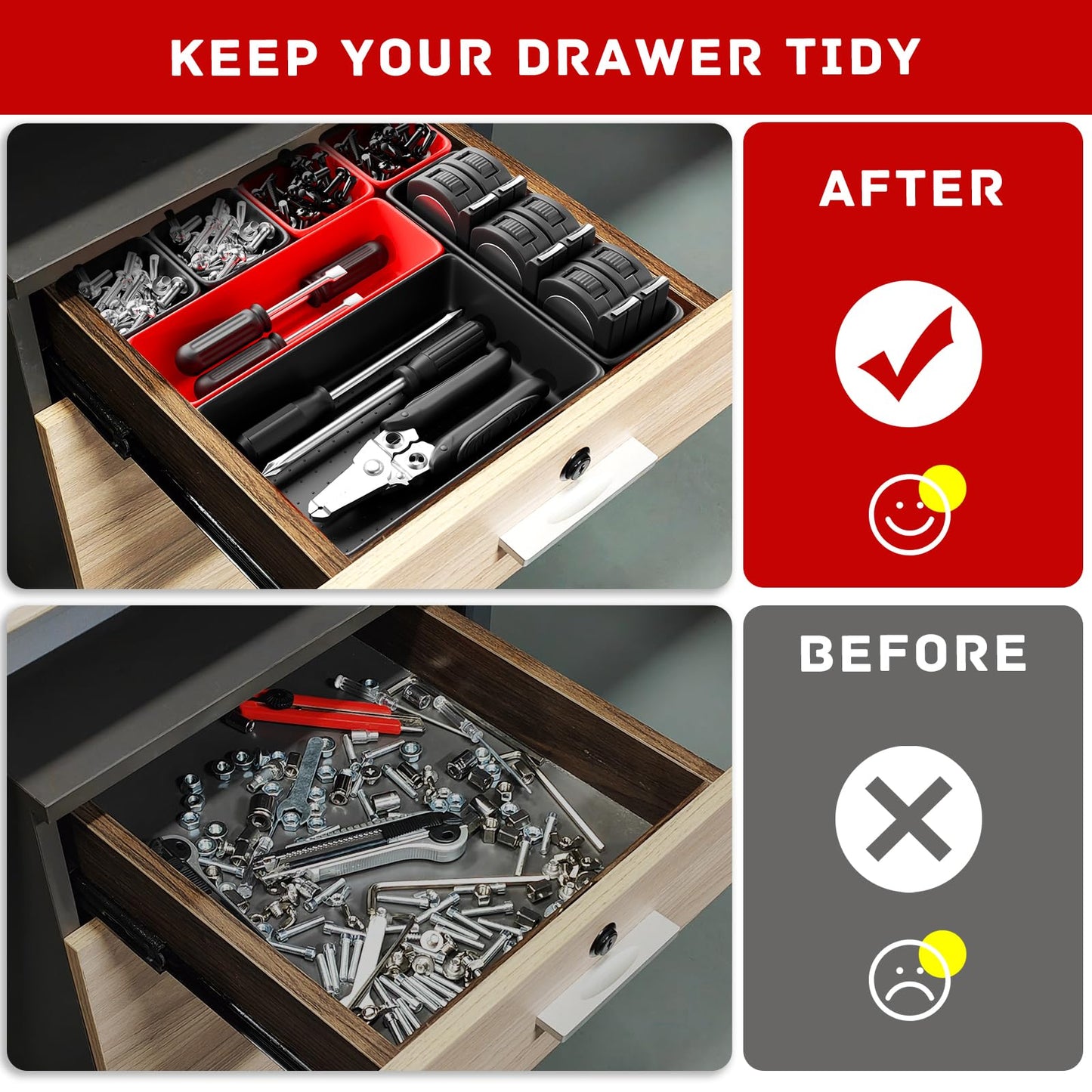 Vexercisehoop Toolbox Organizer Trays, Tool Chest Drawer Organizer with Non-Slip EVA Pads – 47pcs Red and Black Interlocking Trays for Workbench, Rolling Tool Cart, Garage