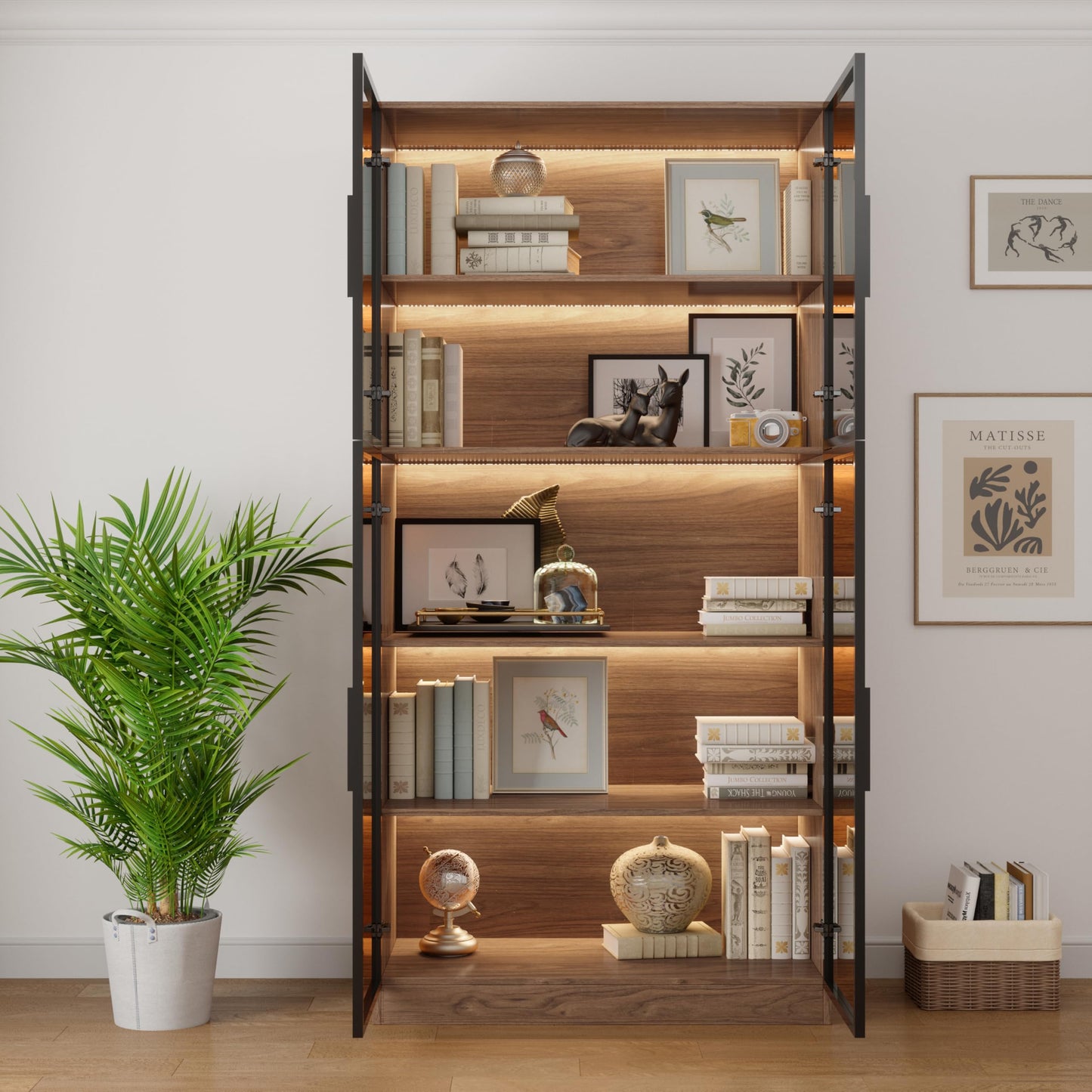 Bobve 78.7" Display Cabinet with 4 Glass Doors,5 -Tier Storage Cabinet with APP Control LED Lights,Tall Walnut Bookcase with Storage,Wooden Display Case for Collectible,Living Room,Office (Walnut)
