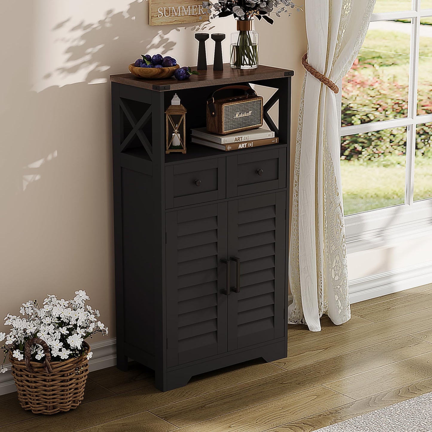 ChooChoo Farmhouse Storage Cabinet, Bathroom Floor Cabinet with Doors and Drawers, Kitchen Pantry Cabinet for Living Room, Laundry, Black