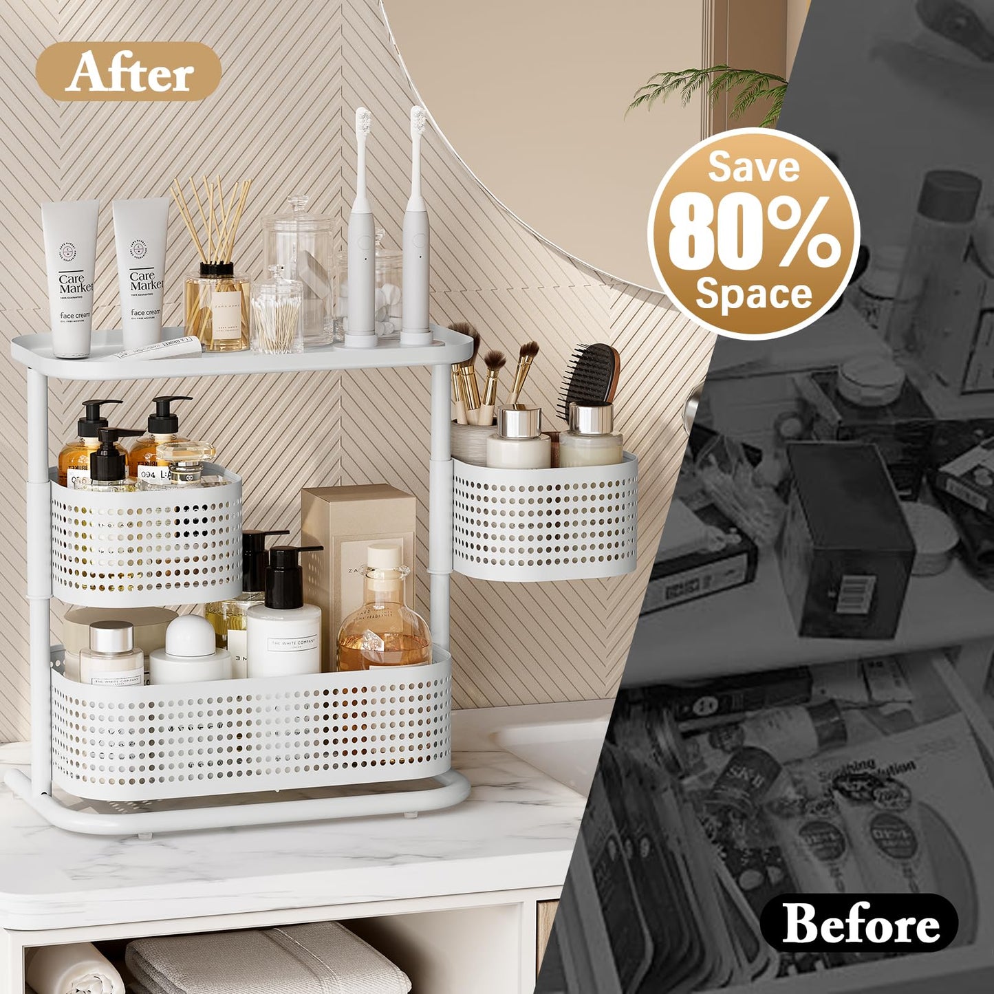 3-Tier Rotating Bathroom Counter Organizer, Vanity Tray for Makeup & Skincare, Countertop Spice Rack Storage, Space-Saving Shelf for Bathroom, Kitchen, Laundry Room, Baby Bottle Station, White