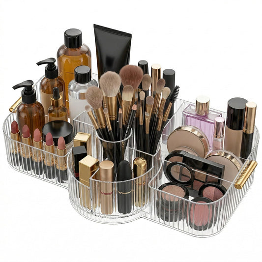 Rotating Makeup Organizer Countertop for Vanity, Cologne Organizer for Men, 360° Spinning Cosmetic Display Case with Brush Holder, Premium Handles, Acrylic Skincare Storage for Bathroom Countertop
