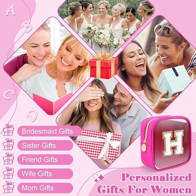 Personalized Initial Letter Clear Preppy Makeup Bag,Mini Nylon Chenille Letter Cosmetic Bag Cute Zipper Pouch Coin Purse for Teen Girls,Portable TSA Approved Travel Essentials Bag Gift for Women,H
