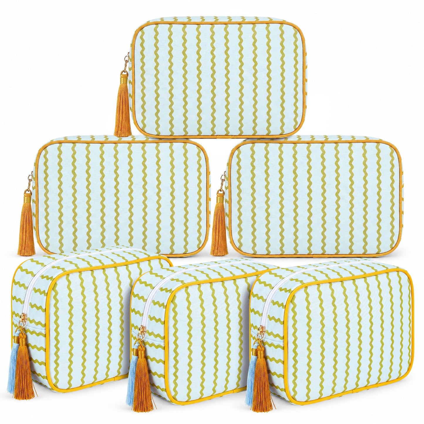 Kacctyen 6 Pack Mustard Yellow and Sage Green Striped Makeup Bag bulk with Tassel Travel Cosmetic Pouch Organizer Large Zipper Toiletry Case for Women Aesthetic Storage Pouch Mahjong Tile Bag