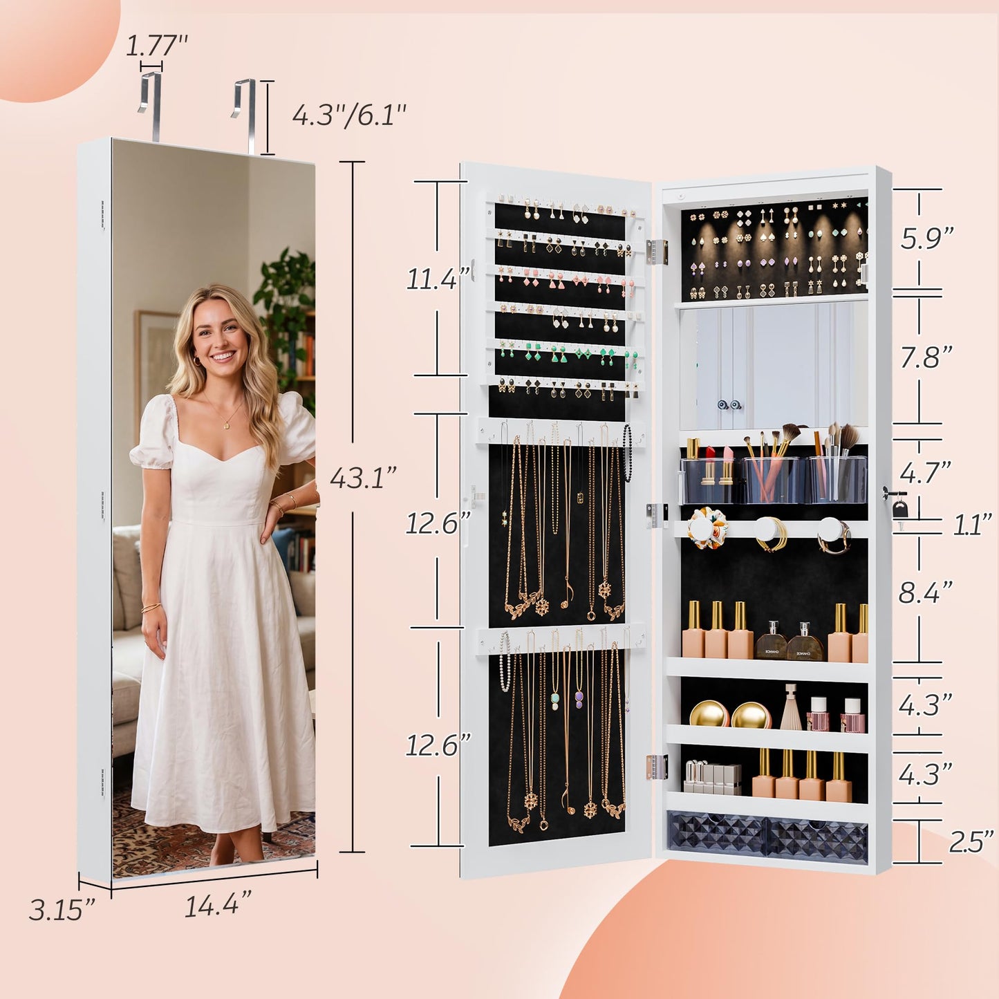 Unisakey Mirror Jewelry Cabinet,Lockable Wall or Door Mounted Jewelry Armoire Organizer With Built-up Mirror,LED Lights, Drawers,Cosmetic Trays,Shelves, 14.4"x3.15"x 43.1"（White）