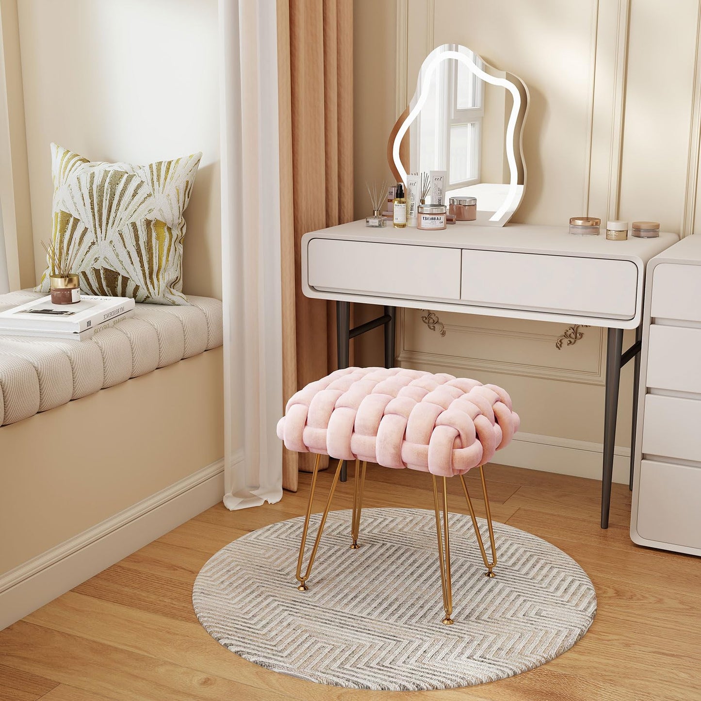 Sefulei Upholstered Velvet Vanity Stool, Hand-Woven Makeup Vanity Chair with Gold Metal Legs, Modern Foot Stool Ottoman for Living Room Bedroom, Easy Assembly (Pink)