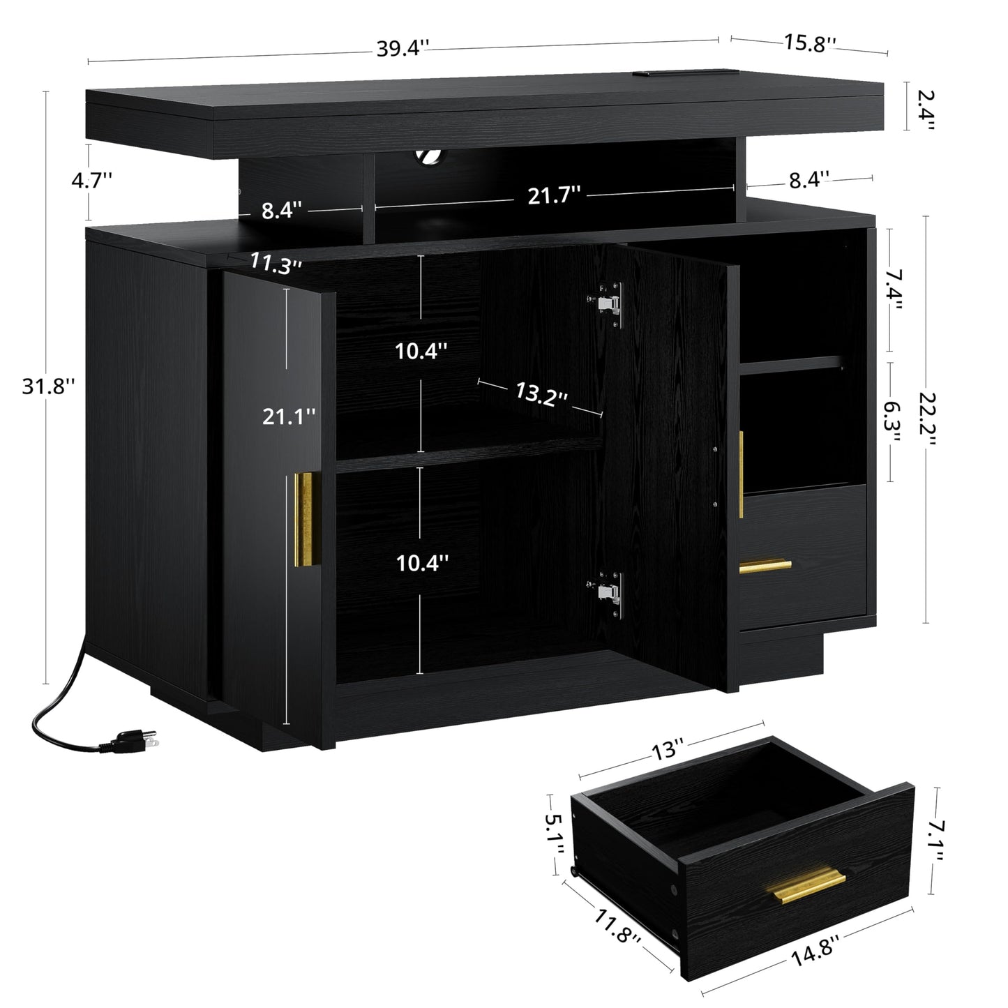 IRONCK Buffet Cabinet, Sideboard Cabinet with Power Outlet and LED Light, Modern Storage Cabinet with Drawer and Shelves, Black