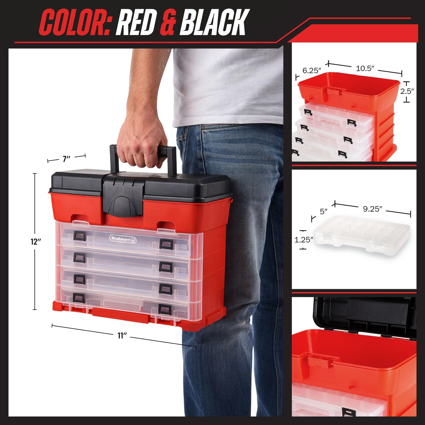 Portable Tool Storage Box - Small Parts Organizer with 4 Multi-Compartment Trays for Fishing Tackle, Hand Tools, or Craft Supplies by Stalwart