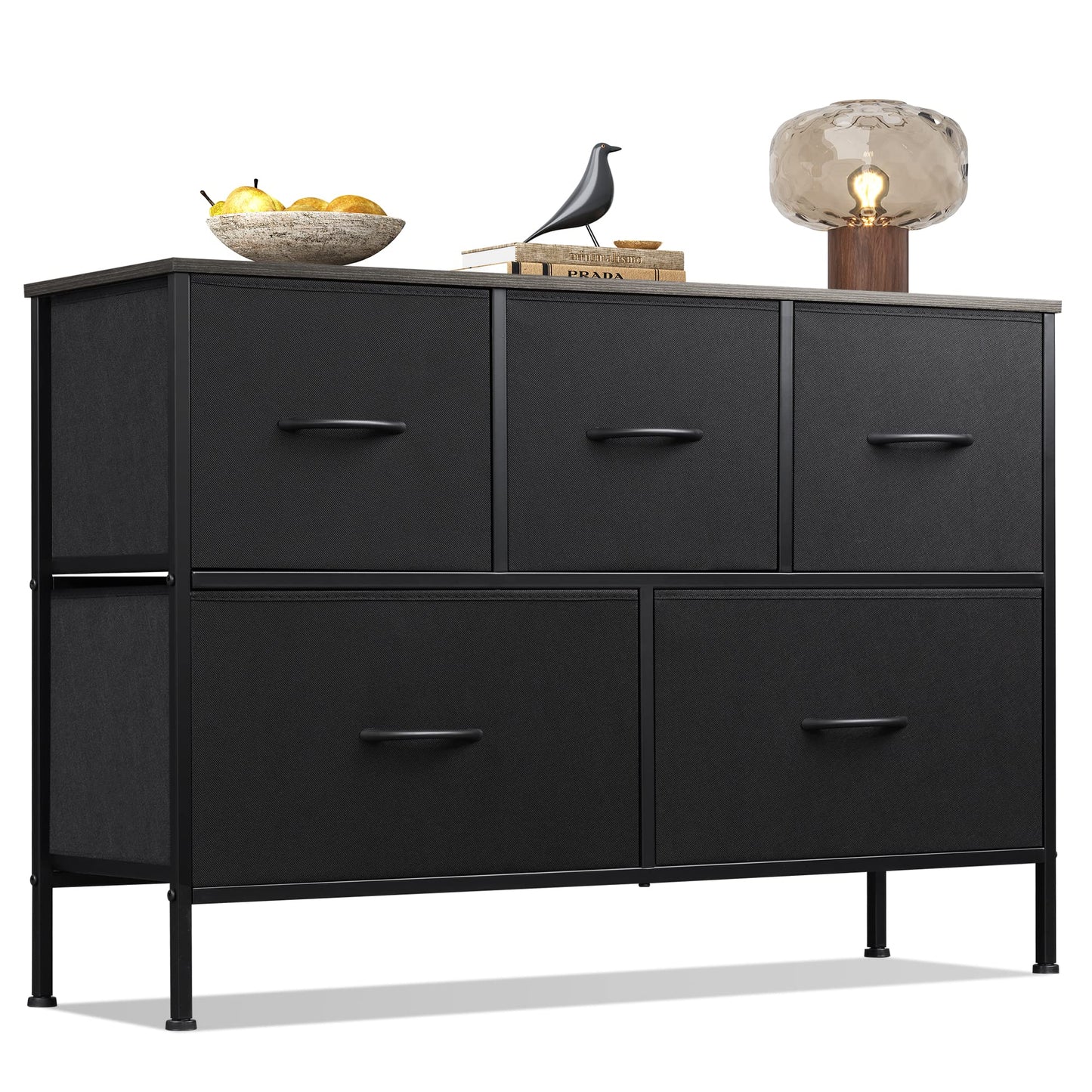 WLIVE Dresser for Bedroom with 5 Drawers, Long Fabric Dresser, Chest of Drawers, Storage Drawer Unit with Fabric Bins for Closet, Living Room, Hallway, Charcoal Black, Size L